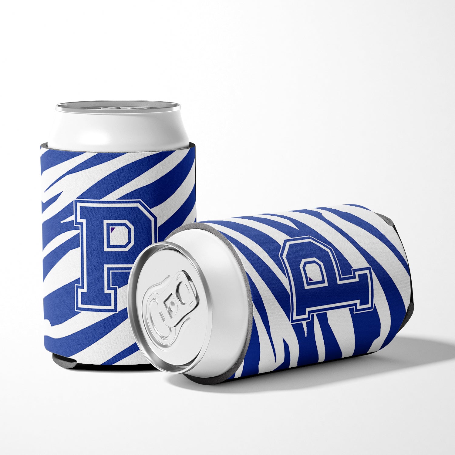 Letter P Initial Monogram - Tiger Stripe Blue and White Can Beverage Insulator Hugger.