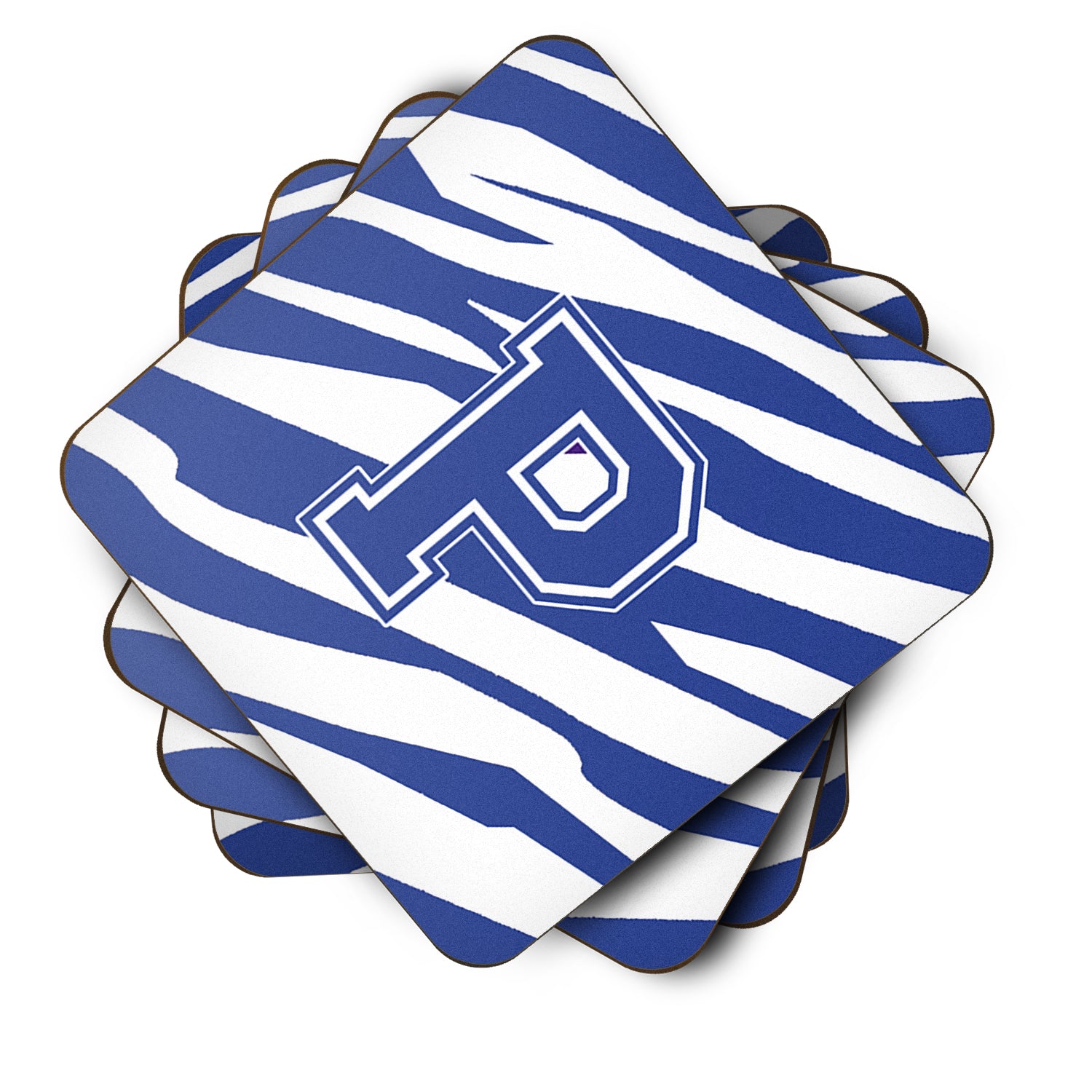 Set of 4 Monogram - Tiger Stripe Blue and White Foam Coasters Initial Letter P - the-store.com