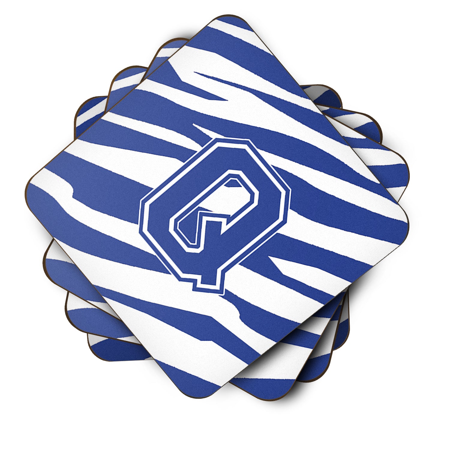 Set of 4 Monogram - Tiger Stripe Blue and White Foam Coasters Initial Letter Q - the-store.com