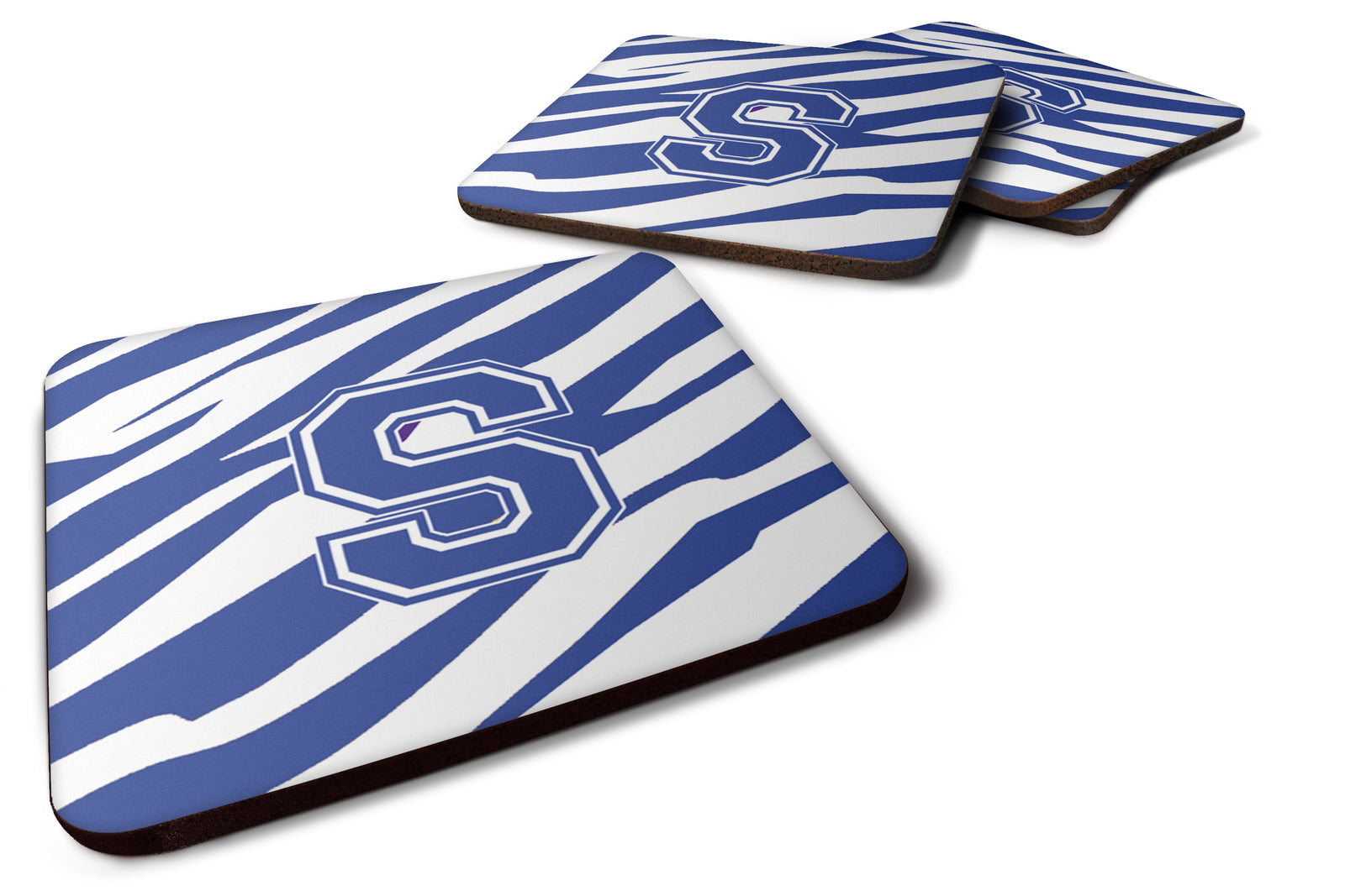 Set of 4 Monogram - Tiger Stripe Blue and White Foam Coasters Initial Letter S - the-store.com