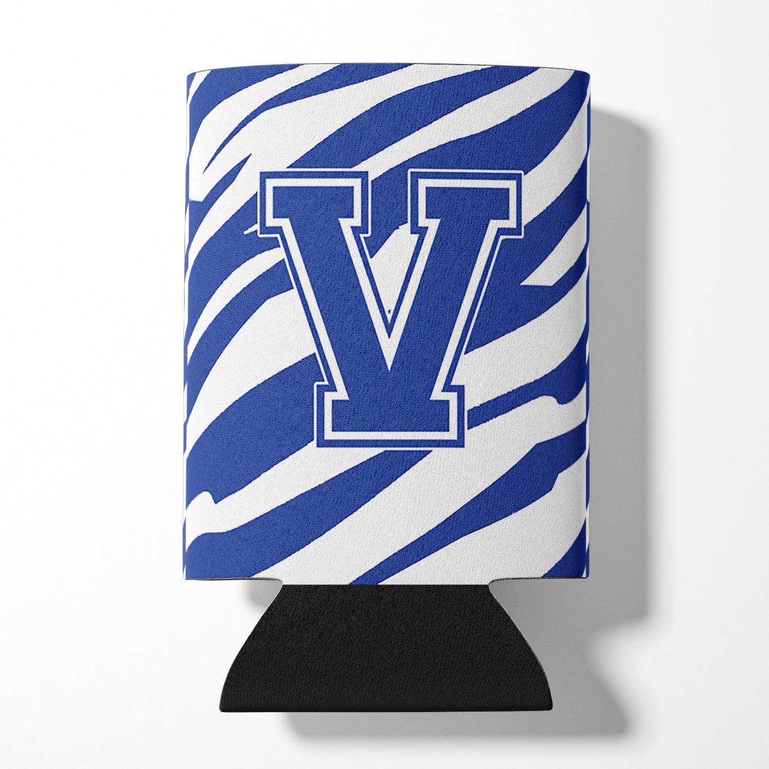 Letter V Initial Monogram - Tiger Stripe Blue and White Can Beverage Insulator Hugger.