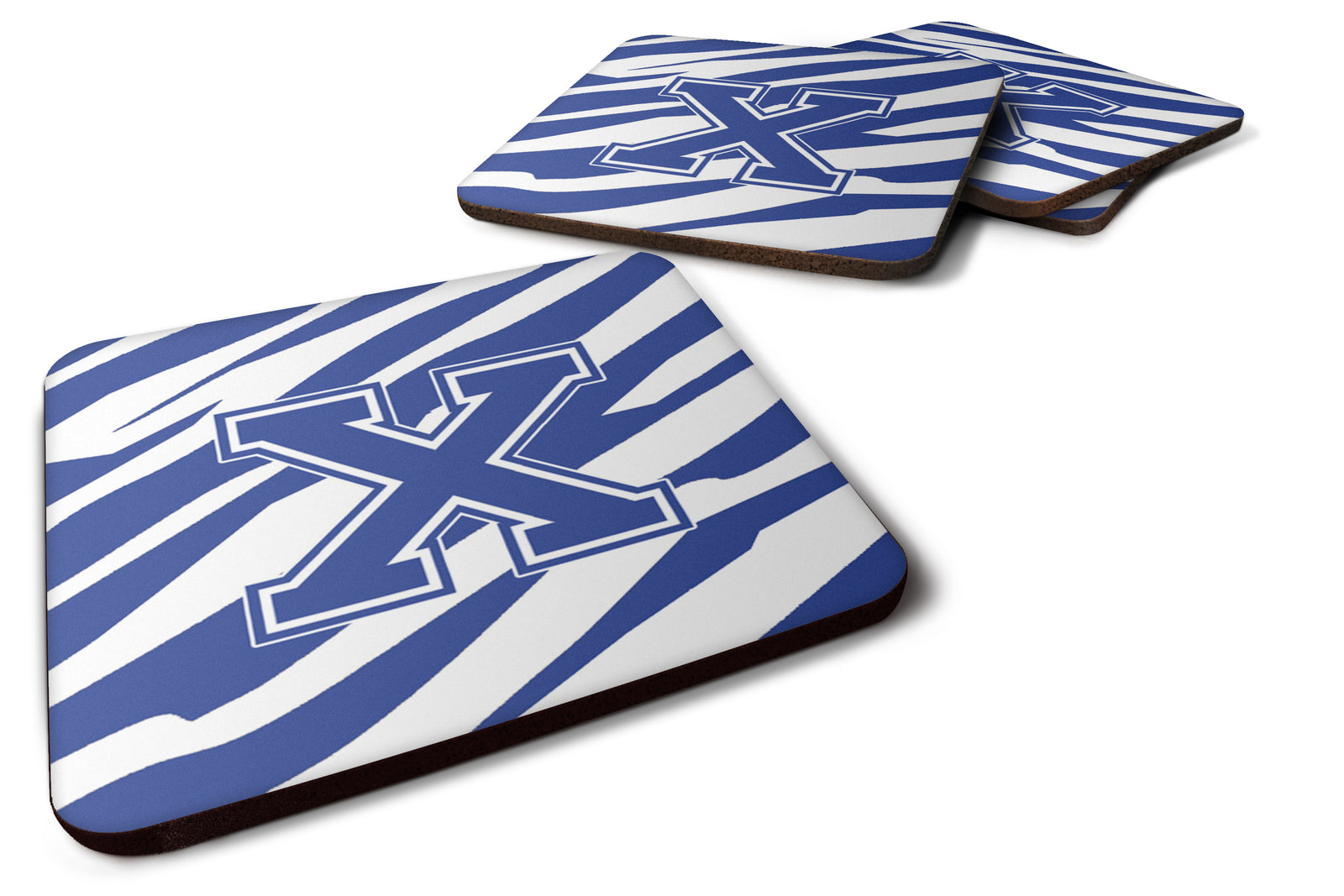 Set of 4 Monogram - Tiger Stripe Blue and White Foam Coasters Initial Letter X - the-store.com