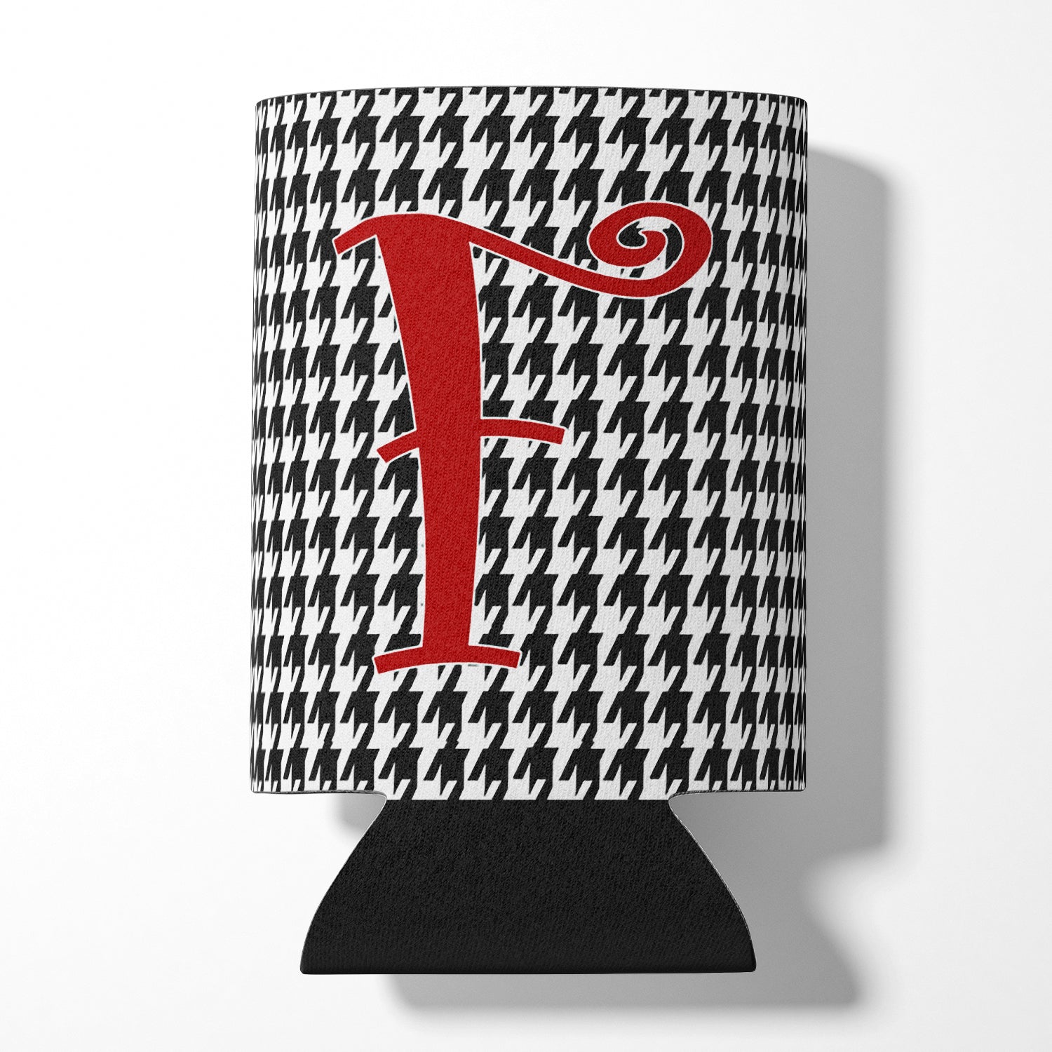 Letter F Initial Monogram - Houndstooth Black Can or Bottle Beverage Insulator Hugger.