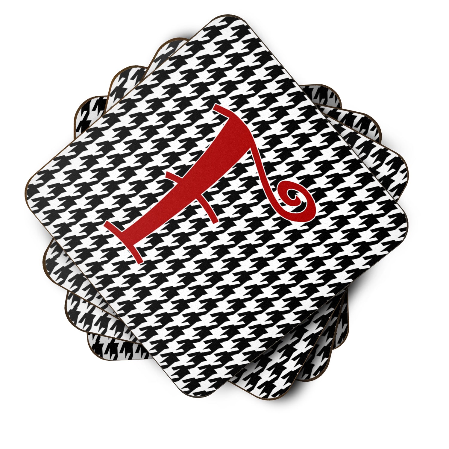 Set of 4 Monogram - Houndstooth Black Foam Coasters Initial Letter F - the-store.com