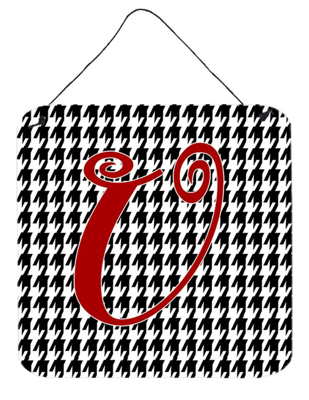 Letter U Initial Monogram - Houndstooth Black Wall or Door Hanging Prints by Caroline's Treasures