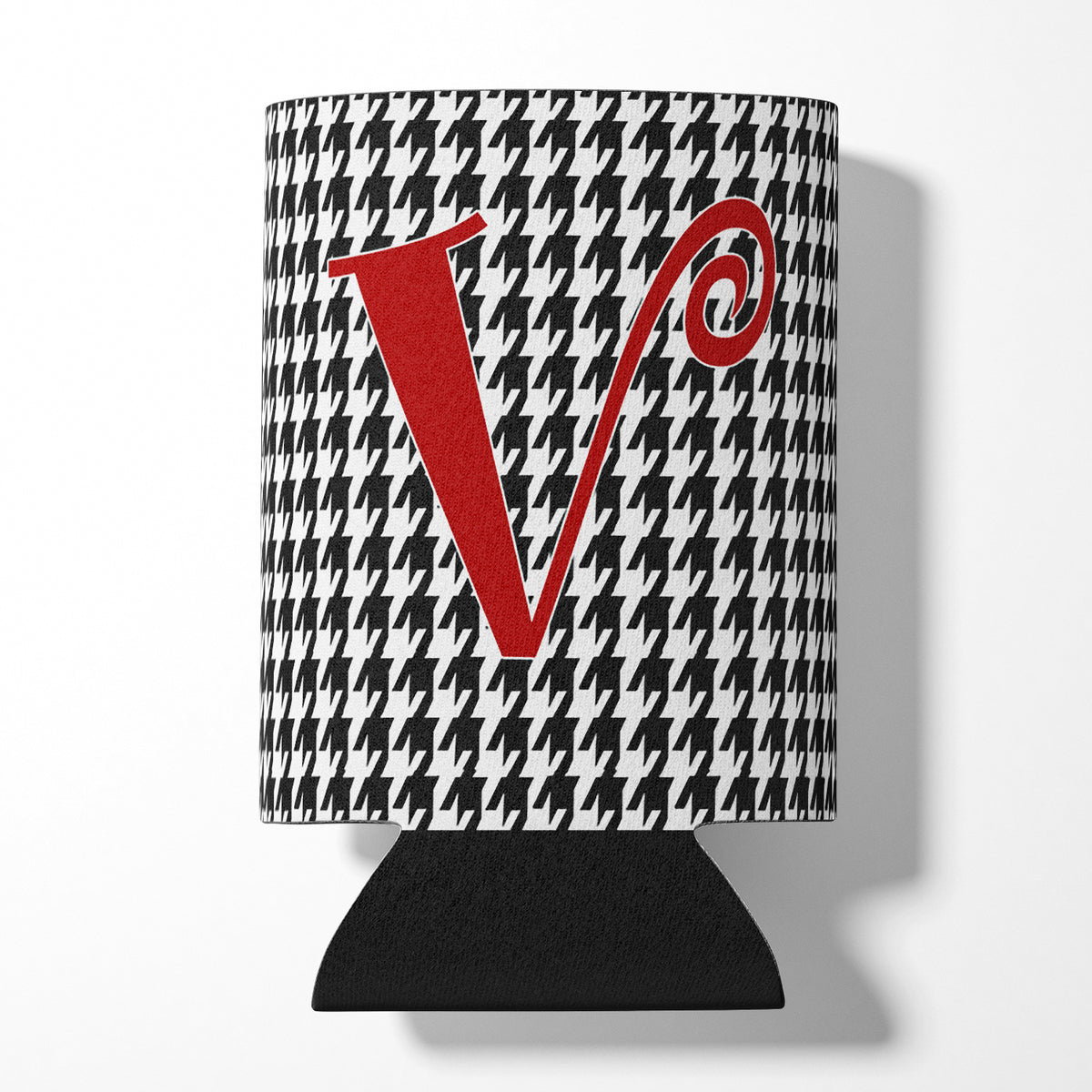 Letter V Initial Monogram - Houndstooth Black Can or Bottle Beverage Insulator Hugger.