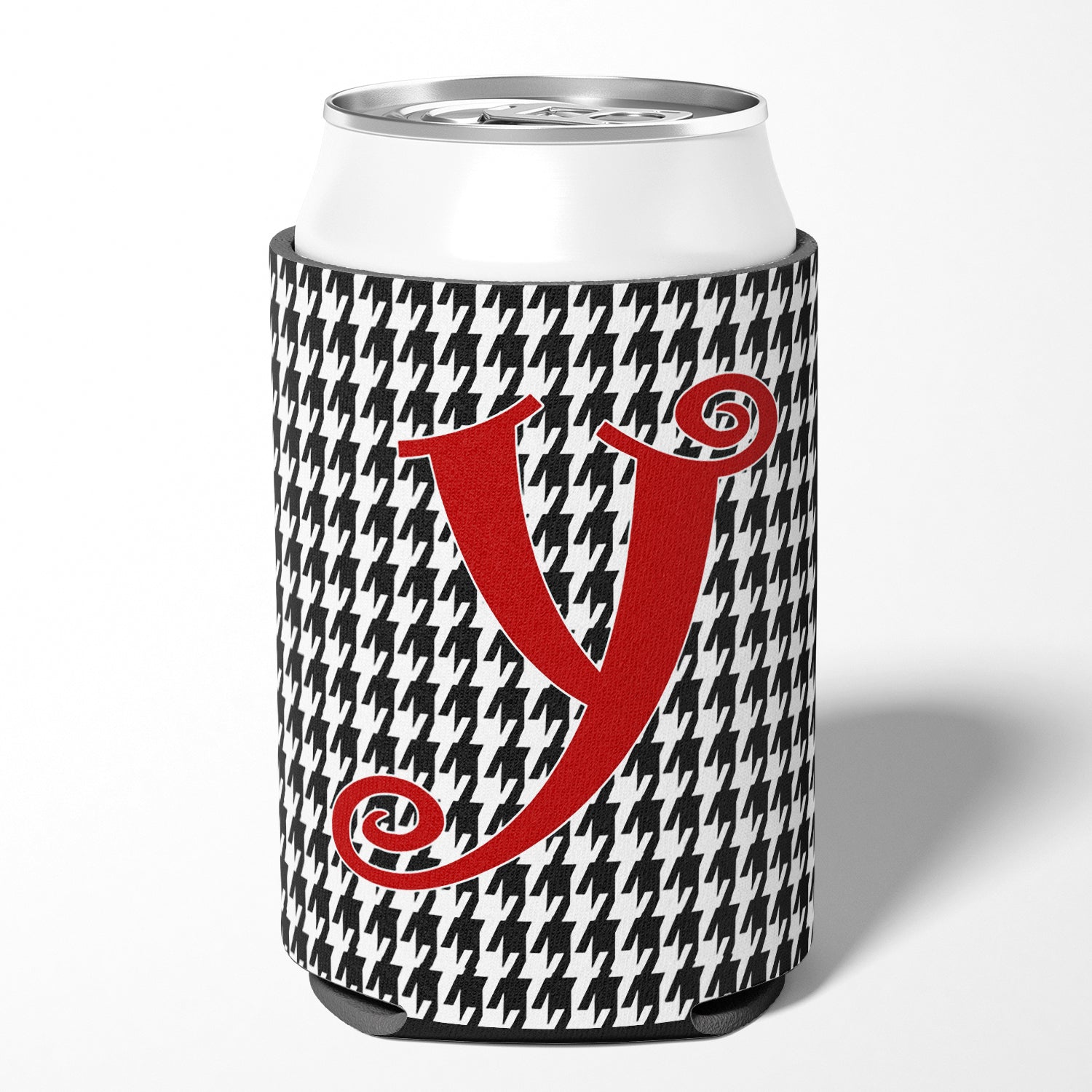 Letter Y Initial Monogram - Houndstooth Black Can or Bottle Beverage Insulator Hugger.