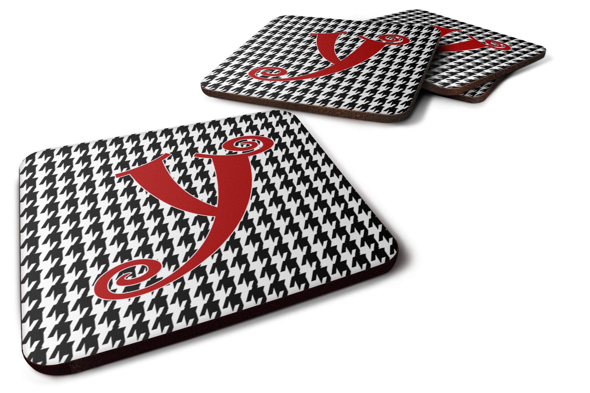 Set of 4 Monogram - Houndstooth Black Foam Coasters Initial Letter Y - the-store.com