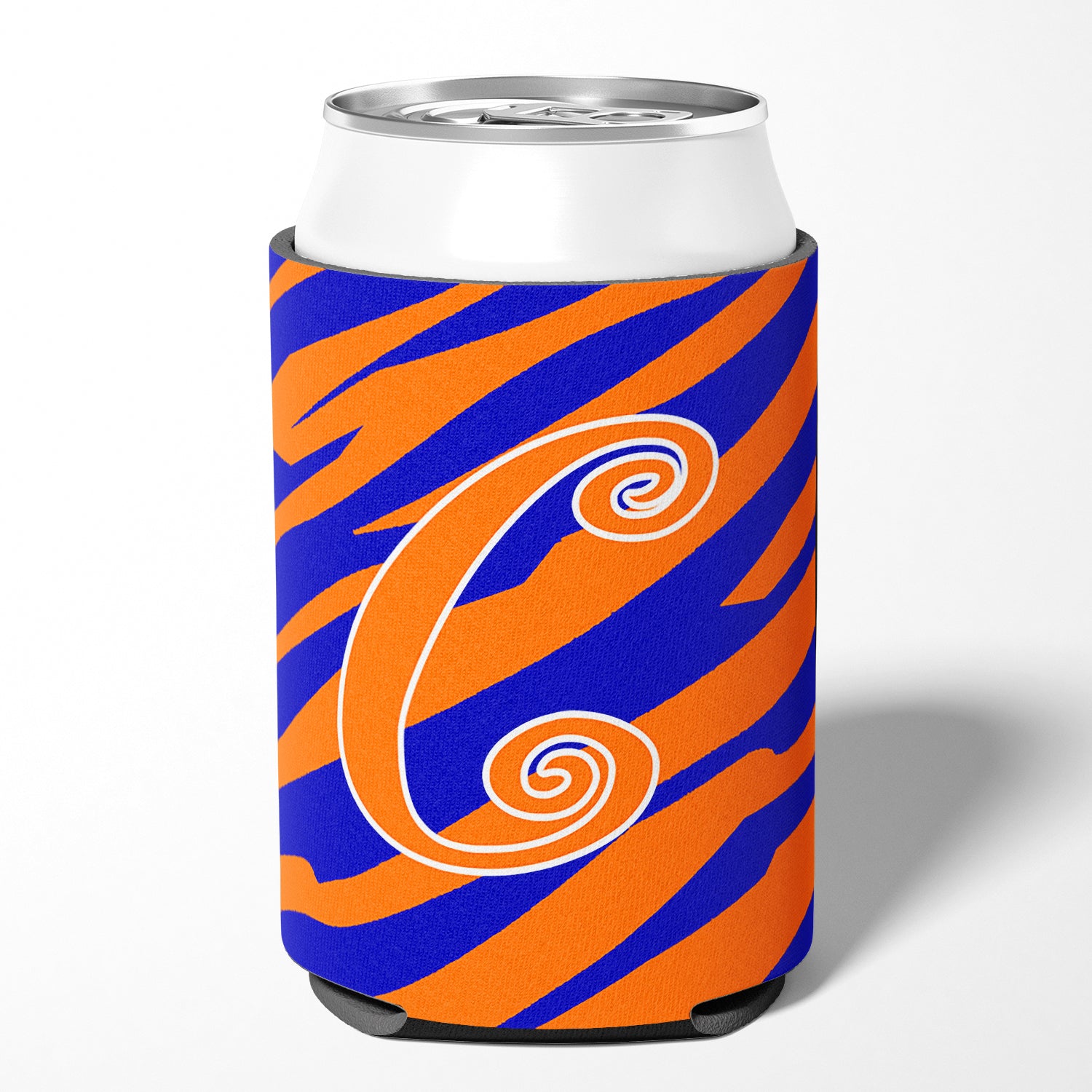 Letter C Initial Monogram - Tiger Stripe Blue and Orange Can Beverage Insulator Hugger.