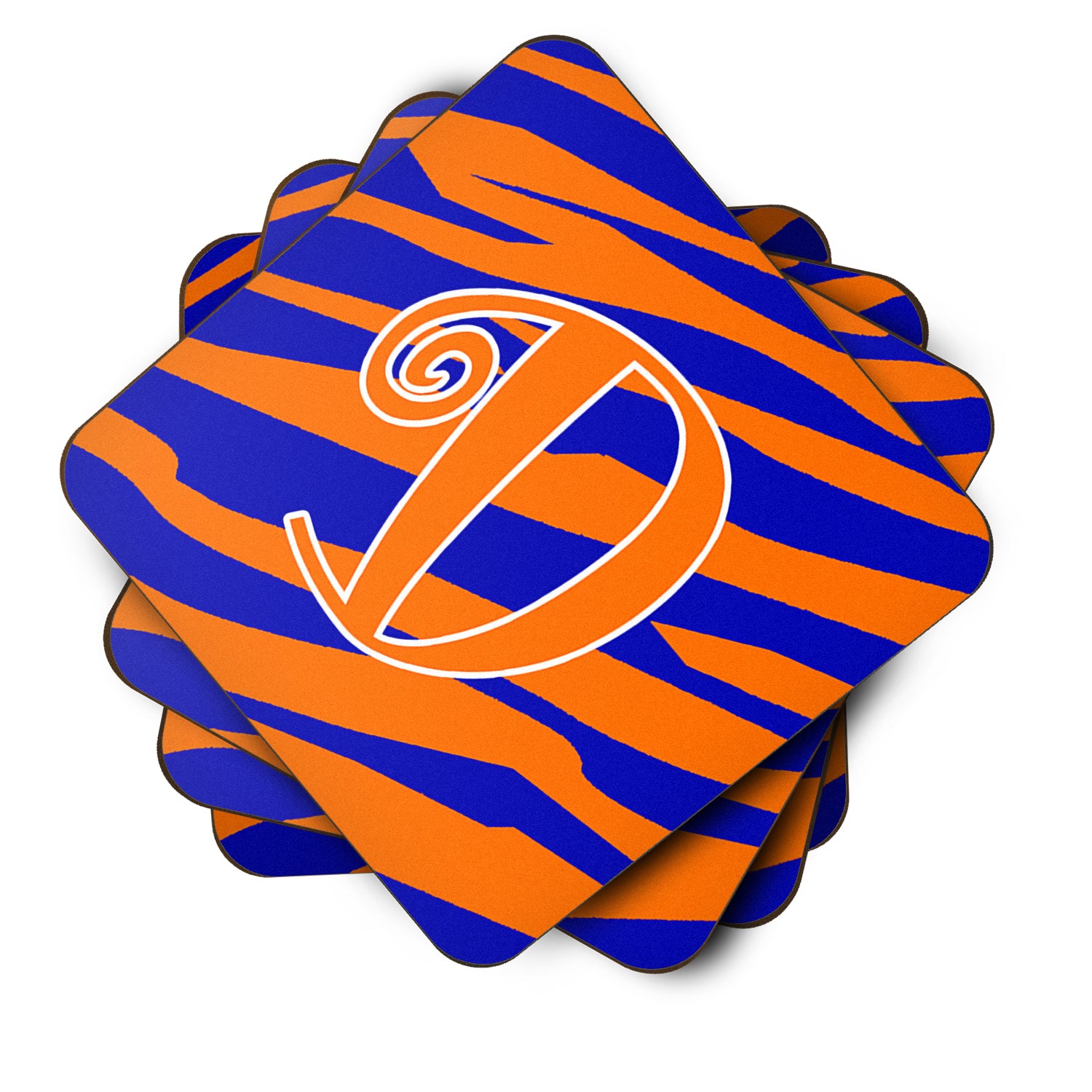 Set of 4 Monogram - Tiger Stripe Blue and Orange Foam Coasters Initial Letter D - the-store.com