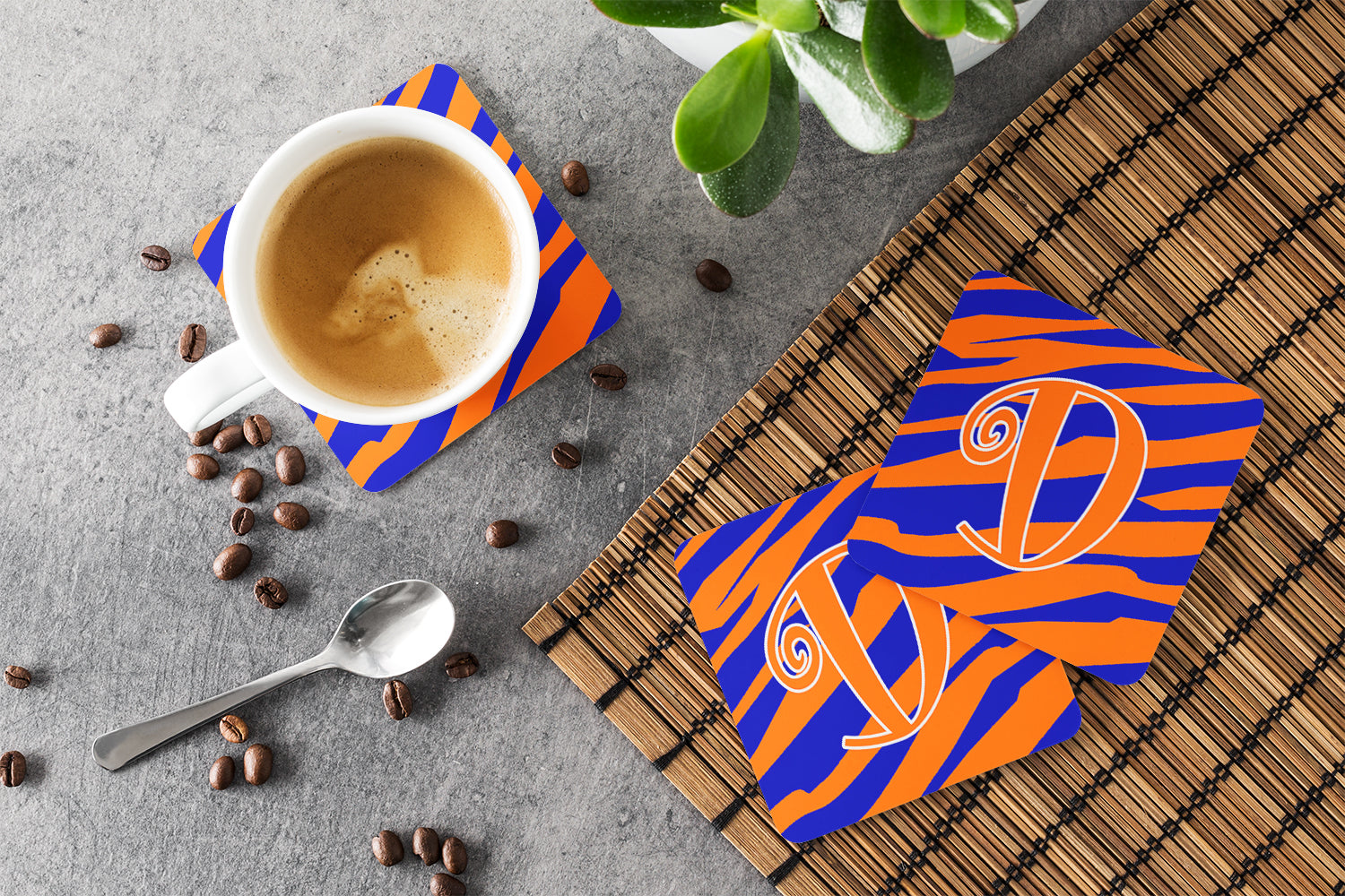 Set of 4 Monogram - Tiger Stripe Blue and Orange Foam Coasters Initial Letter D - the-store.com