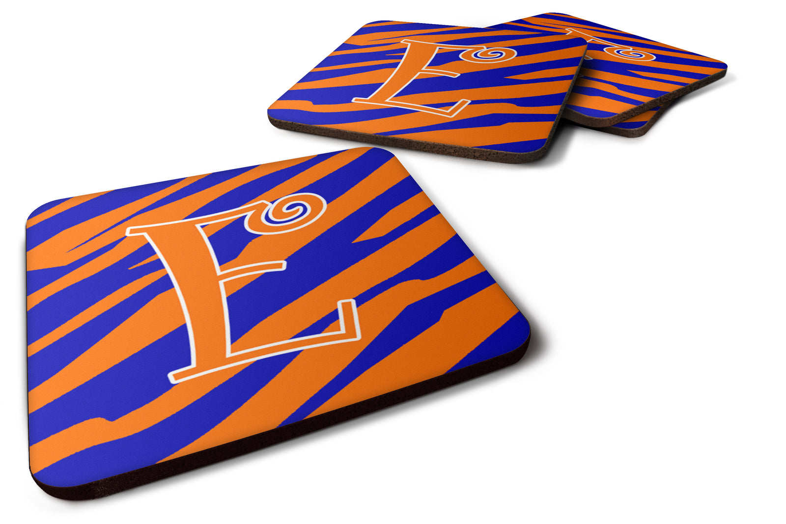 Set of 4 Monogram - Tiger Stripe Blue and Orange Foam Coasters Initial Letter E - the-store.com