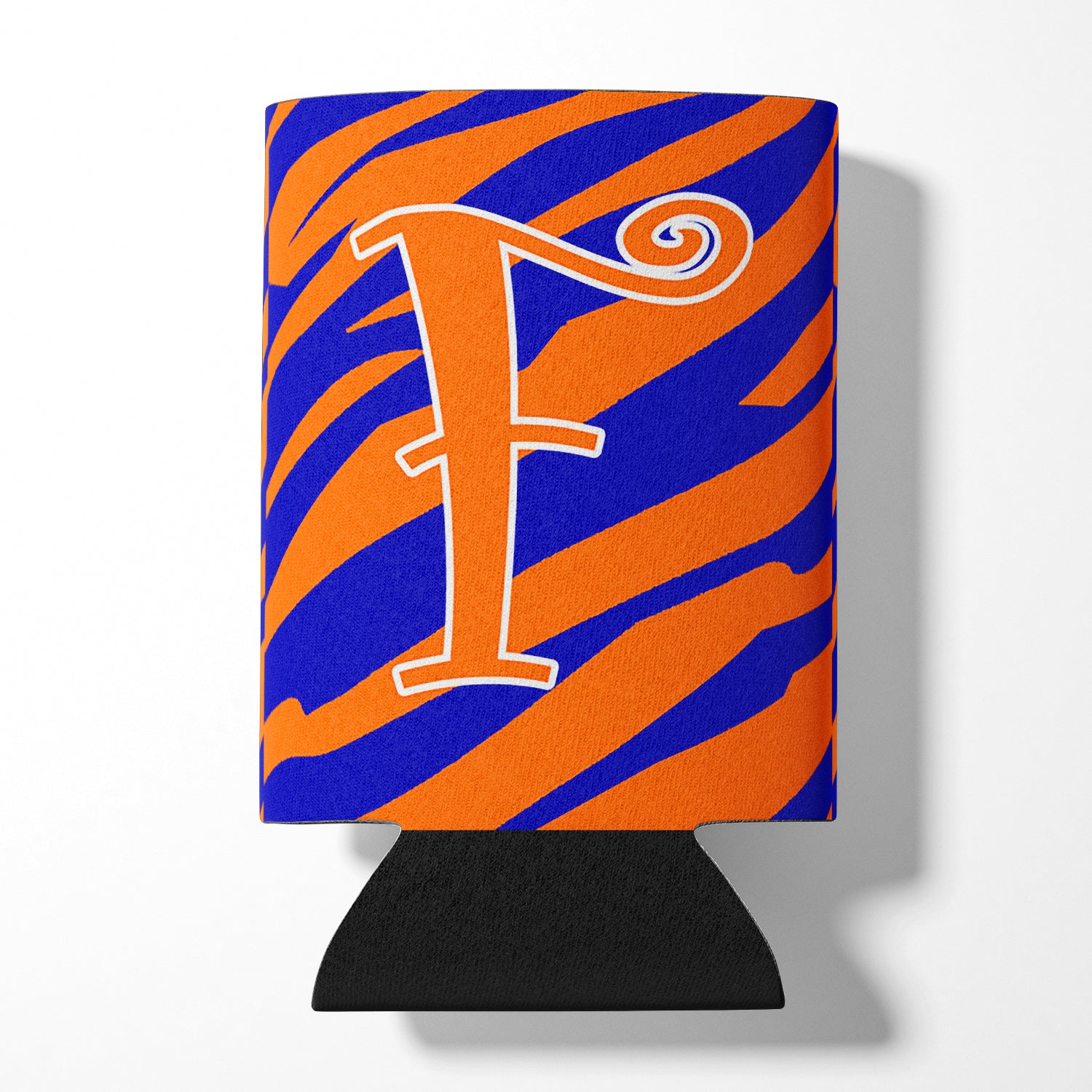 Letter F Initial Monogram - Tiger Stripe Blue and Orange Can Beverage Insulator Hugger.