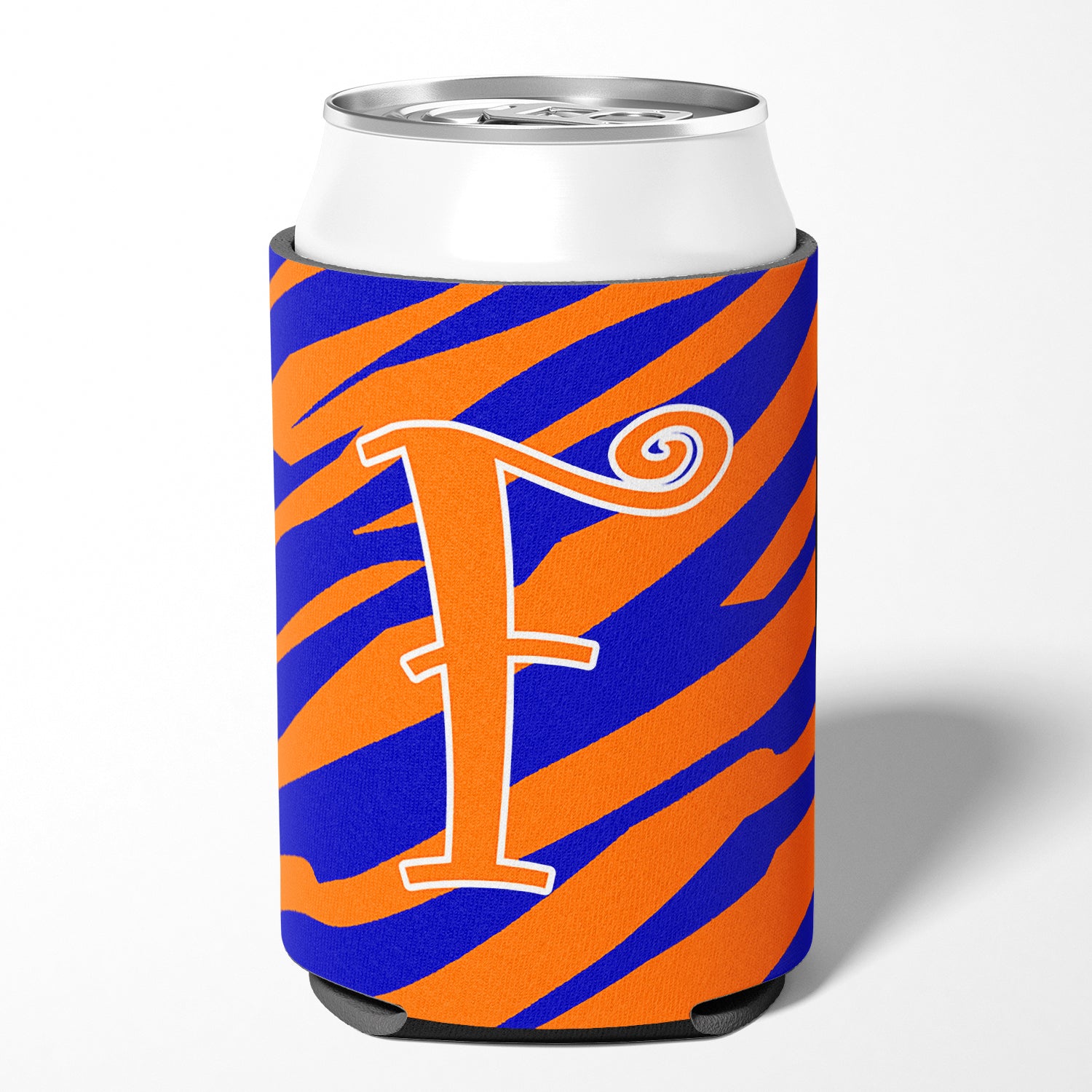 Letter F Initial Monogram - Tiger Stripe Blue and Orange Can Beverage Insulator Hugger.