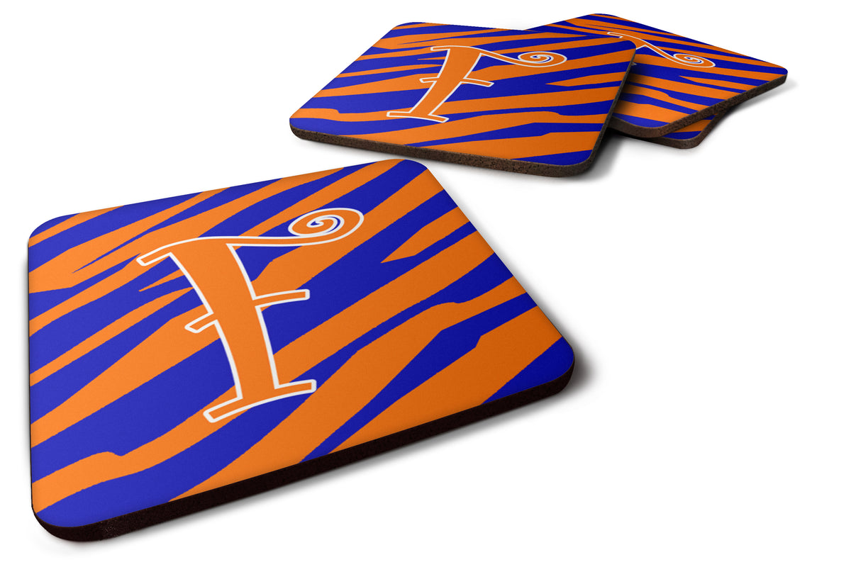 Set of 4 Monogram - Tiger Stripe Blue and Orange Foam Coasters Initial Letter F - the-store.com