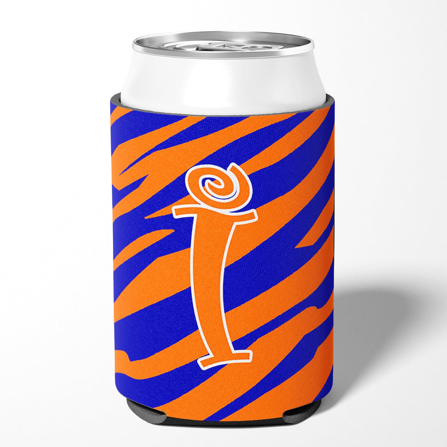 Letter I Initial Monogram - Tiger Stripe Blue and Orange Can Beverage Insulator Hugger.