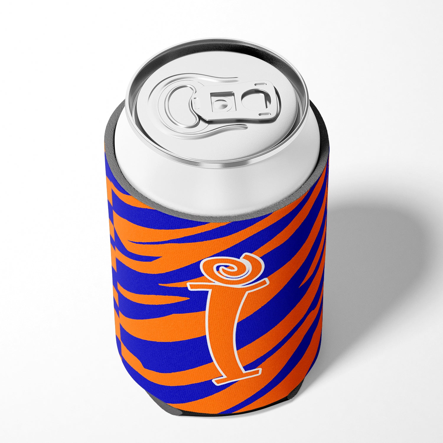 Letter I Initial Monogram - Tiger Stripe Blue and Orange Can Beverage Insulator Hugger.