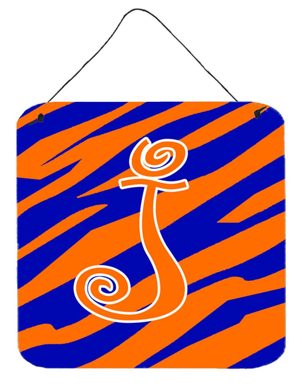 Letter J Initial Tiger Stripe Blue and Orange Wall or Door Hanging Prints by Caroline&#39;s Treasures