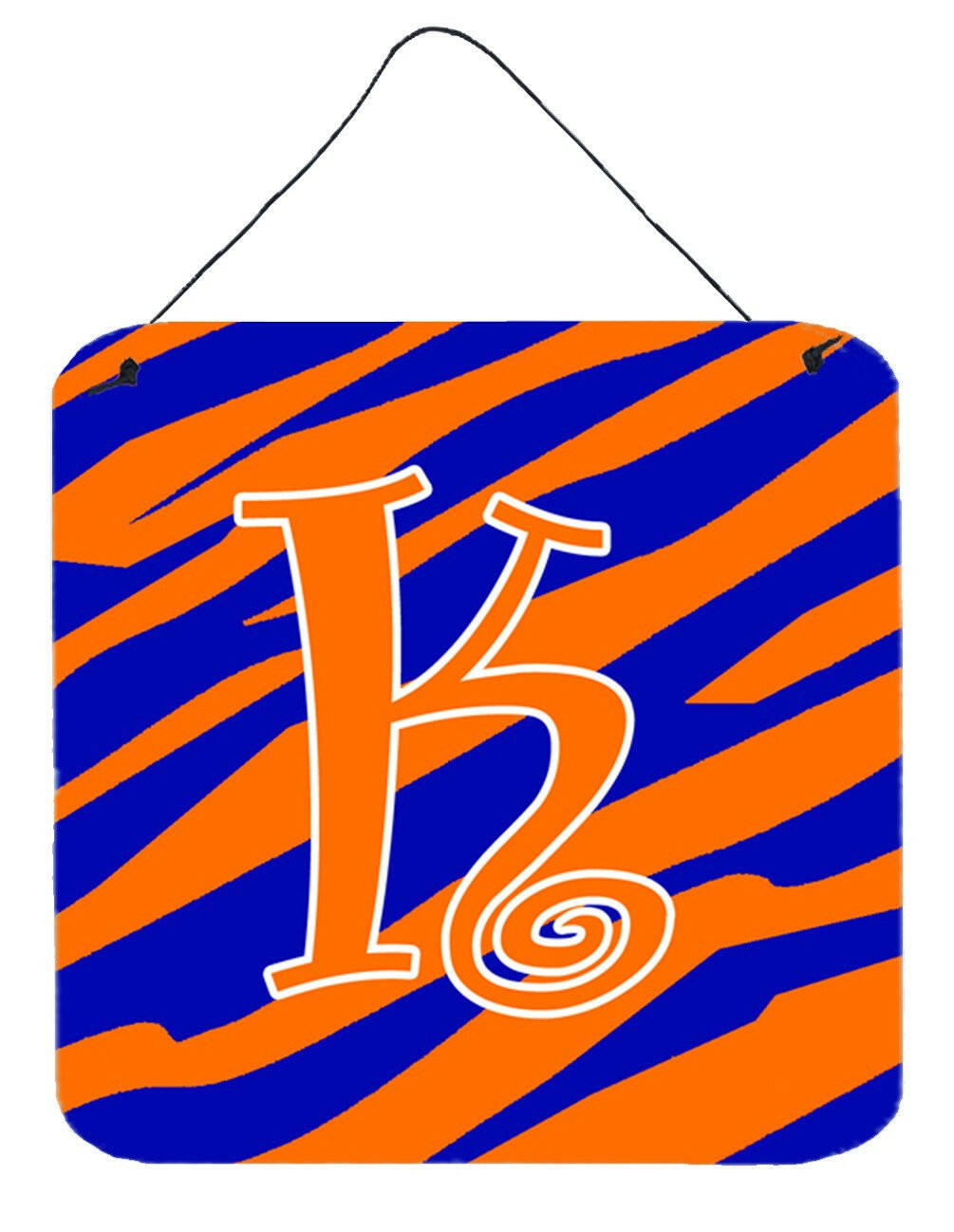 Letter K Initial Tiger Stripe Blue and Orange Wall or Door Hanging Prints by Caroline&#39;s Treasures