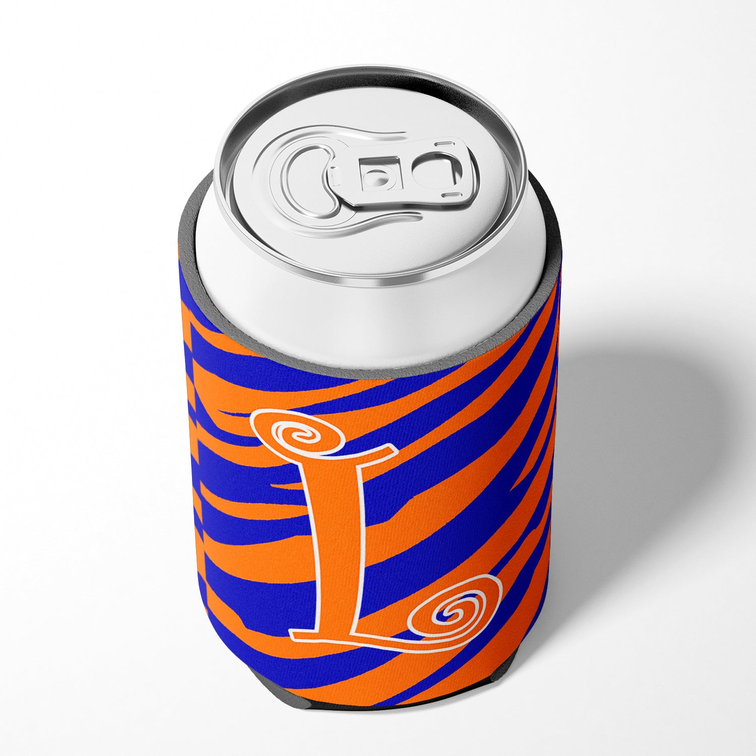 Letter L Initial Monogram - Tiger Stripe Blue and Orange Can Beverage Insulator Hugger.