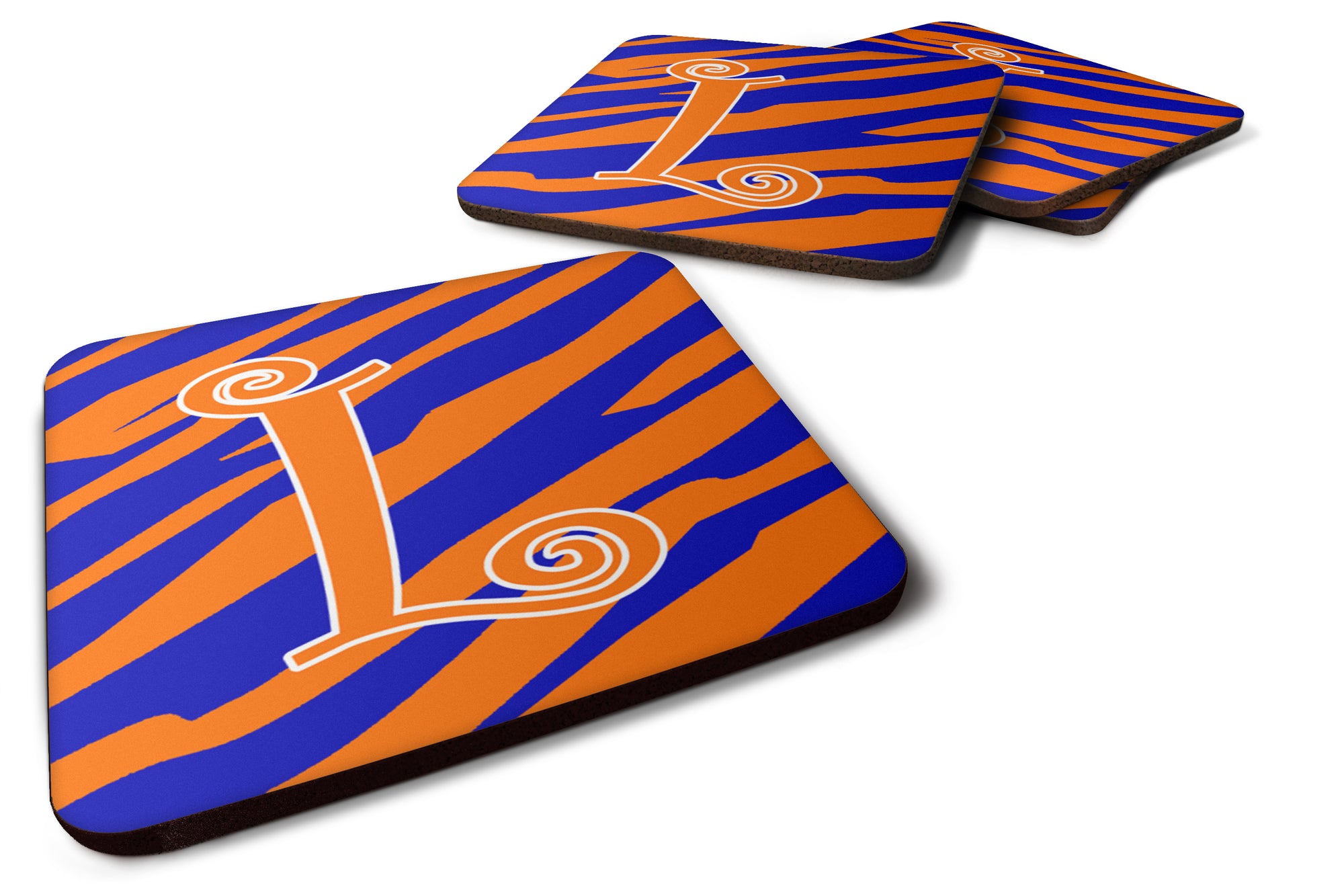 Set of 4 Monogram - Tiger Stripe Blue and Orange Foam Coasters Initial Letter L - the-store.com