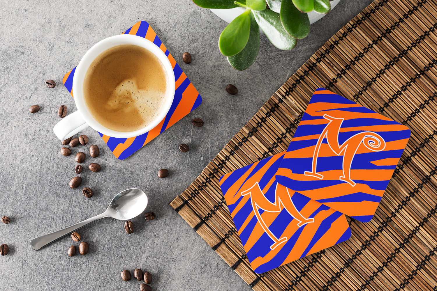 Set of 4 Monogram - Tiger Stripe Blue and Orange Foam Coasters Initial Letter M - the-store.com