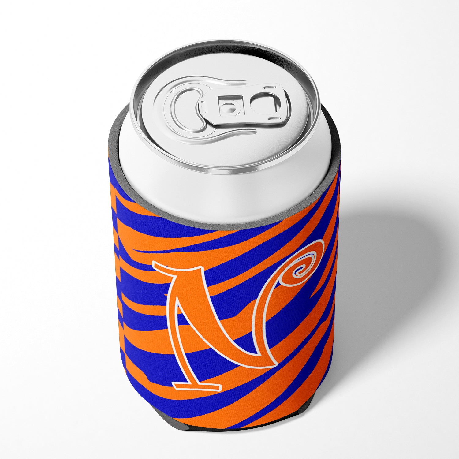 Letter N Initial Monogram - Tiger Stripe Blue and Orange Can Beverage Insulator Hugger.