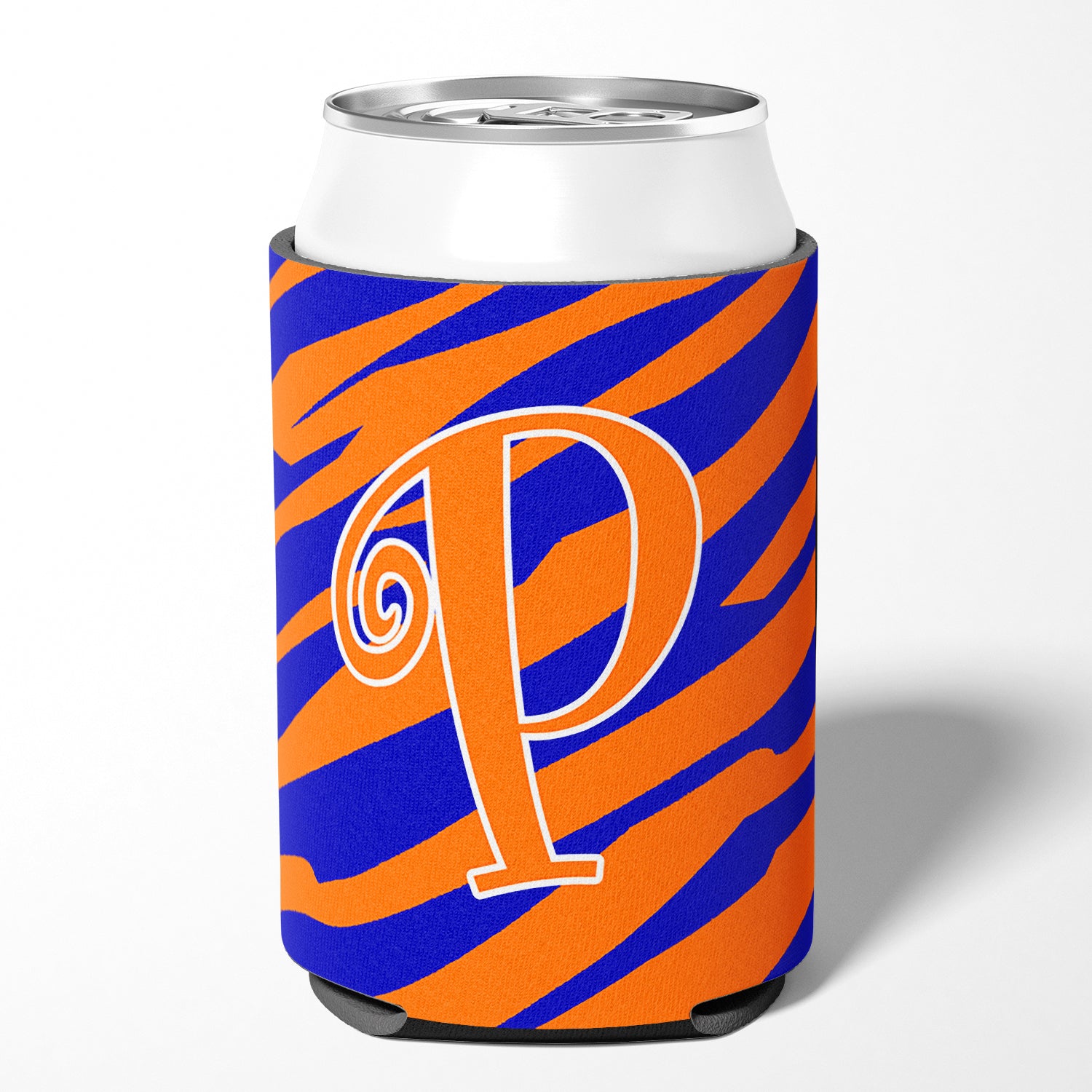 Letter P Initial Monogram - Tiger Stripe Blue and Orange Can Beverage Insulator Hugger.