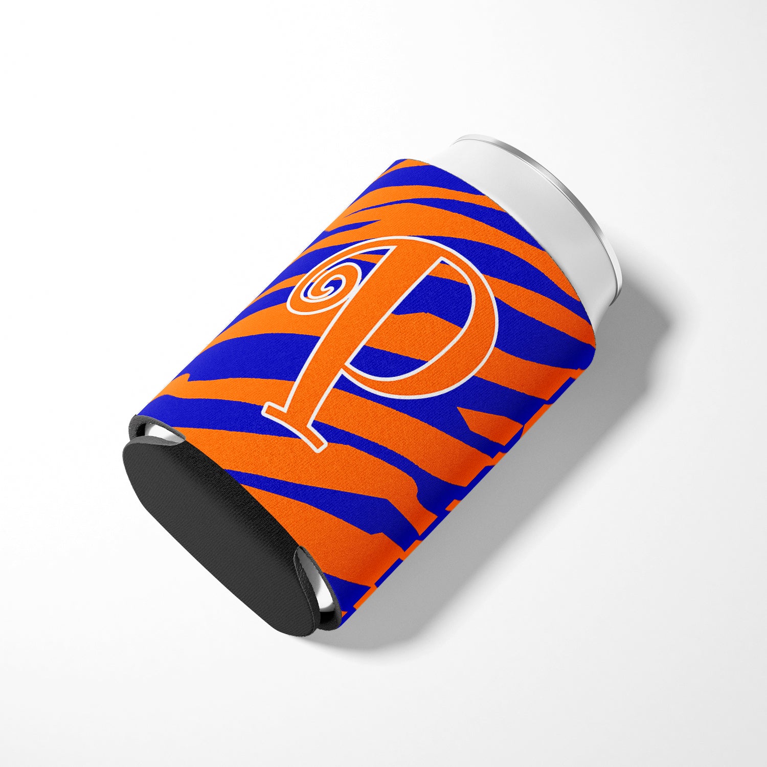 Letter P Initial Monogram - Tiger Stripe Blue and Orange Can Beverage Insulator Hugger.