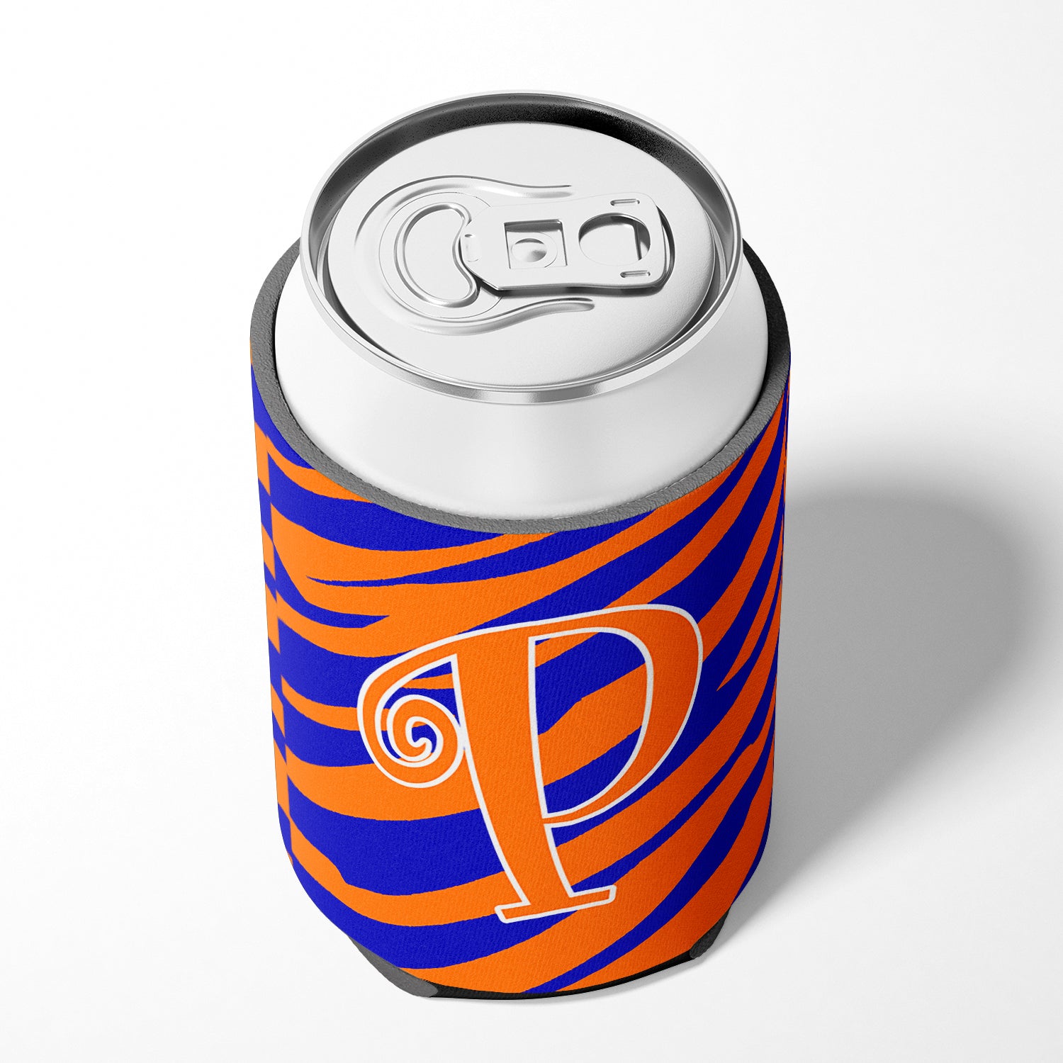 Letter P Initial Monogram - Tiger Stripe Blue and Orange Can Beverage Insulator Hugger.