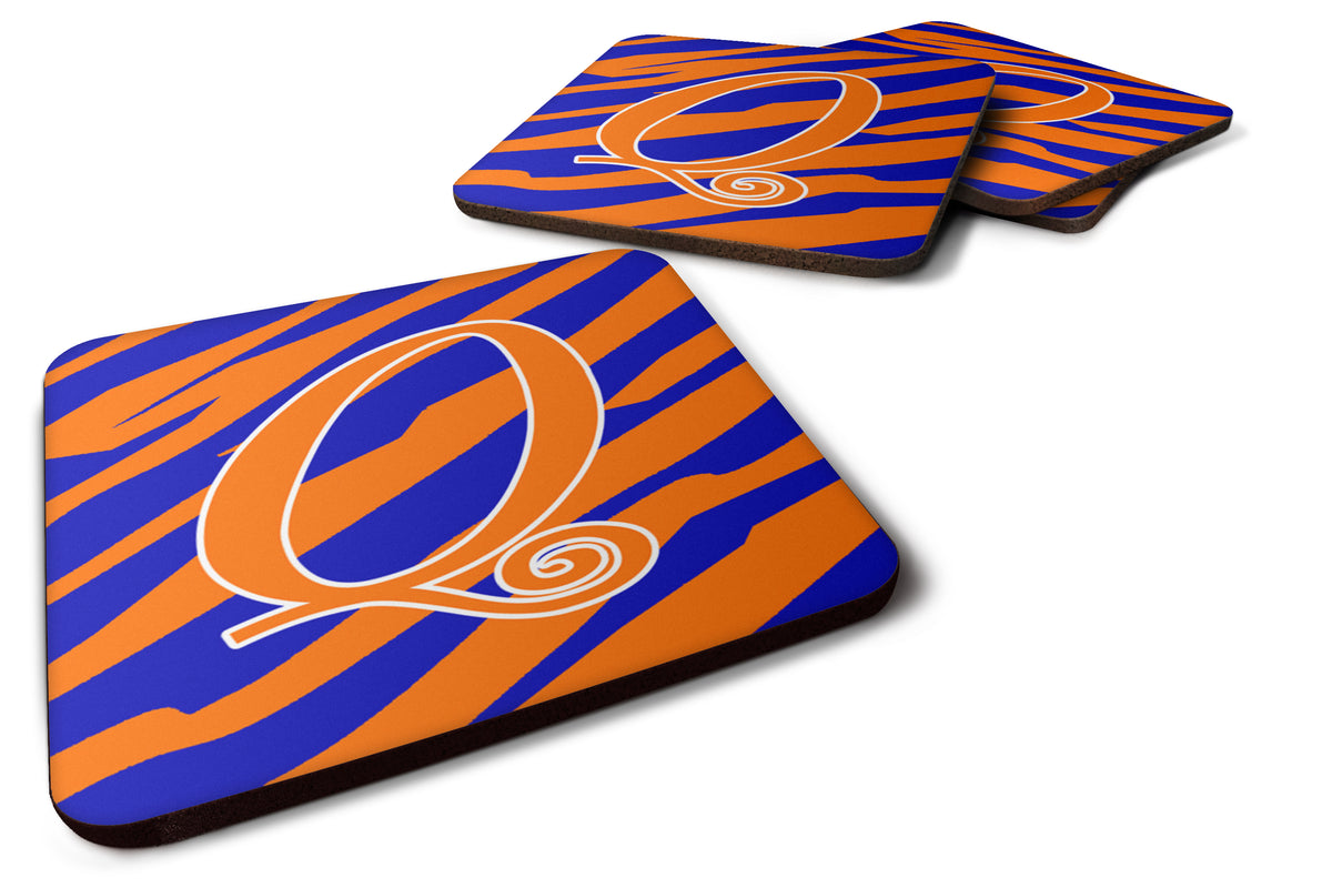 Set of 4 Monogram - Tiger Stripe Blue and Orange Foam Coasters Initial Letter Q - the-store.com