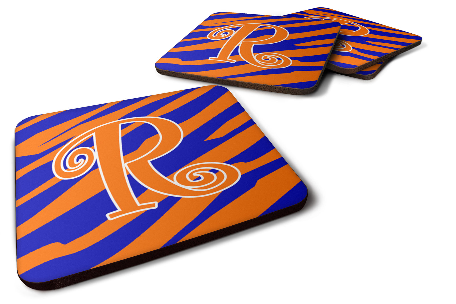 Set of 4 Monogram - Tiger Stripe Blue and Orange Foam Coasters Initial Letter R - the-store.com