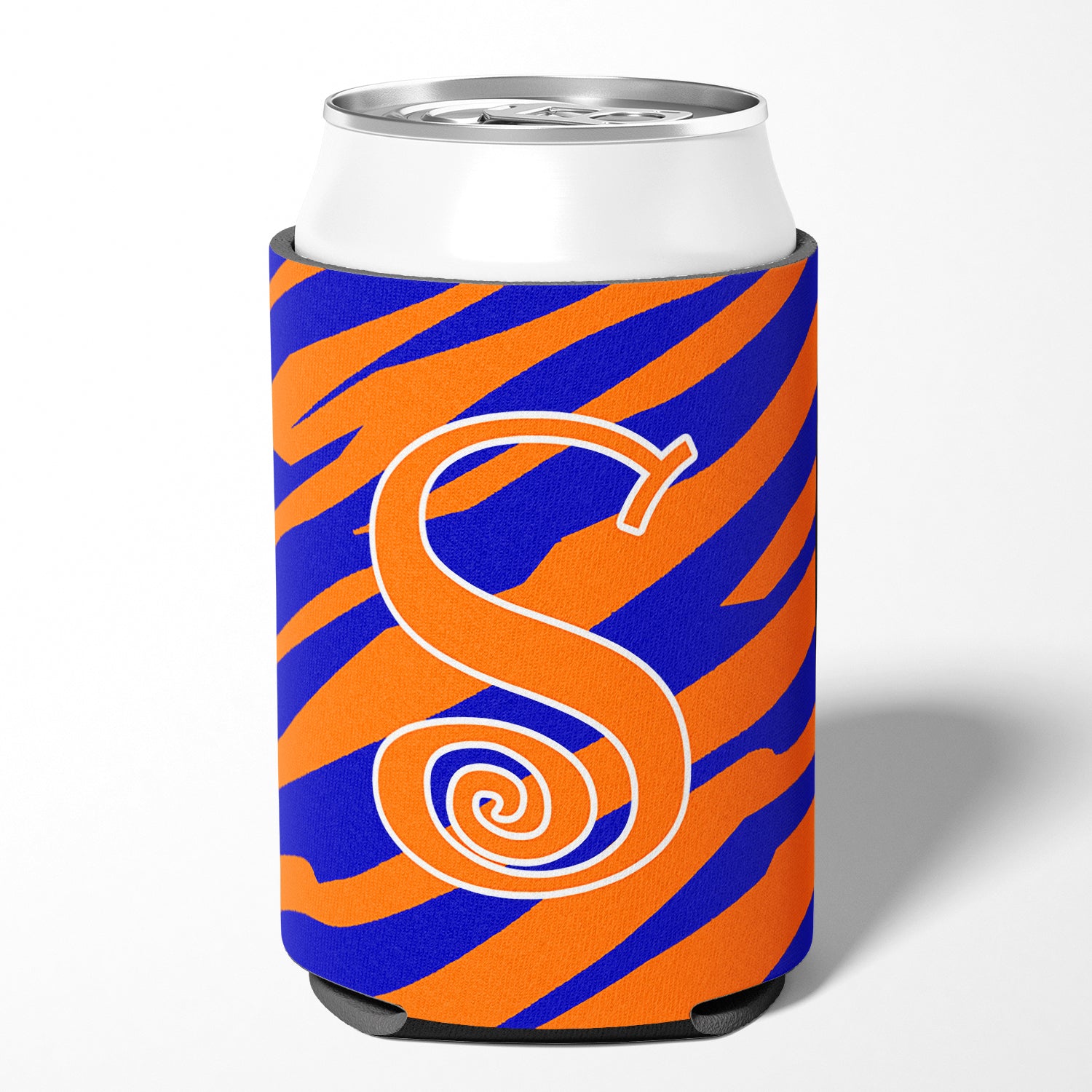 Letter S Initial Monogram - Tiger Stripe Blue and Orange Can Beverage Insulator Hugger.