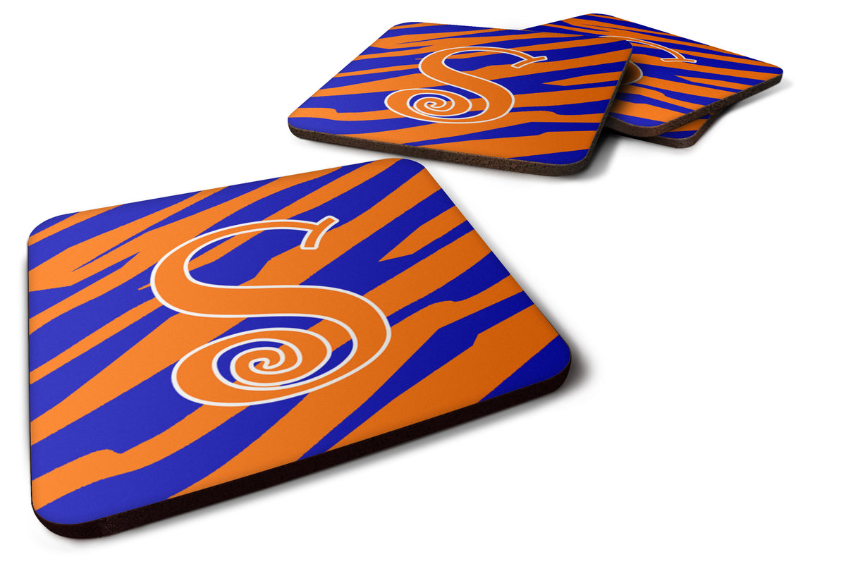 Set of 4 Monogram - Tiger Stripe Blue and Orange Foam Coasters Initial Letter S - the-store.com