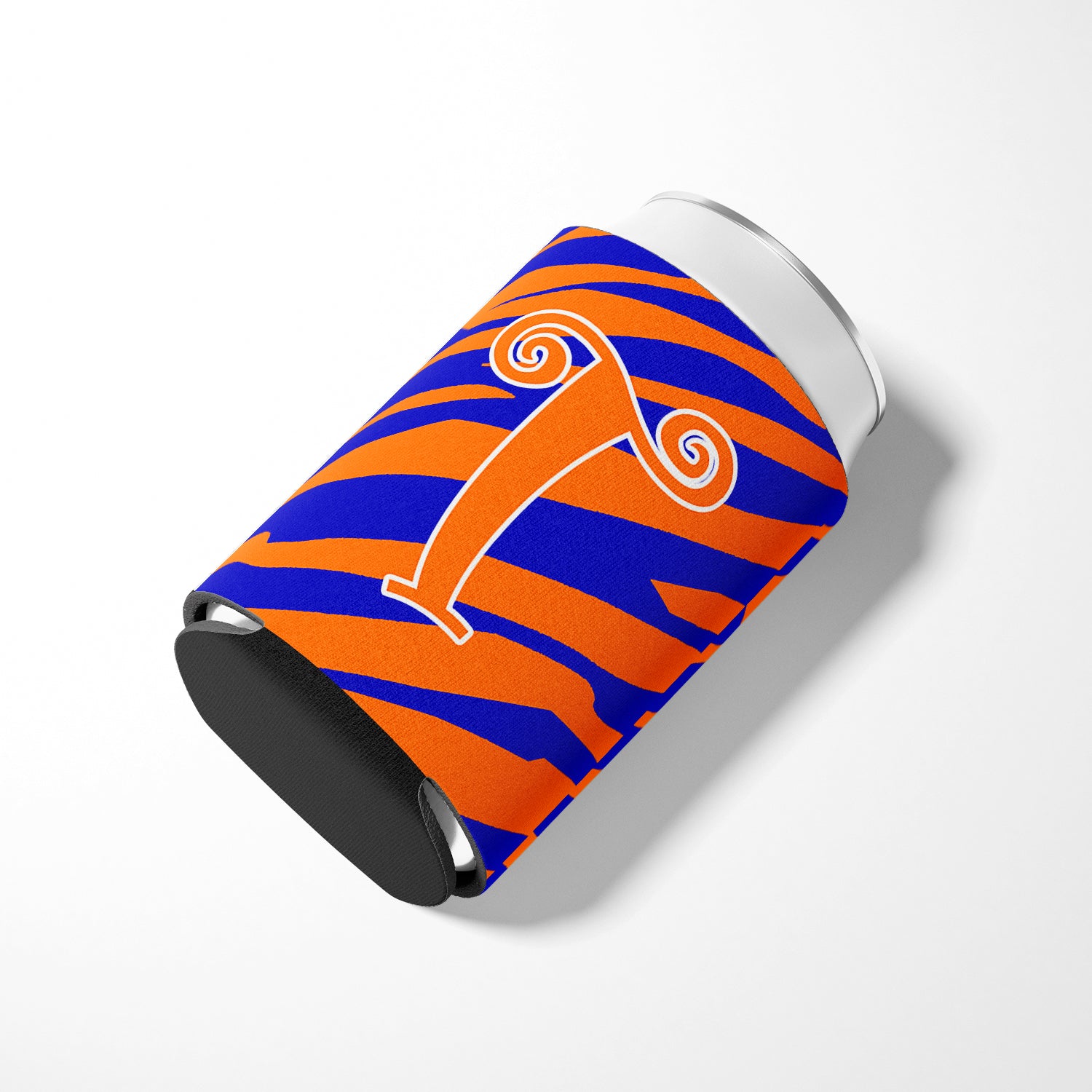 Letter T Initial Monogram - Tiger Stripe Blue and Orange Can Beverage Insulator Hugger.