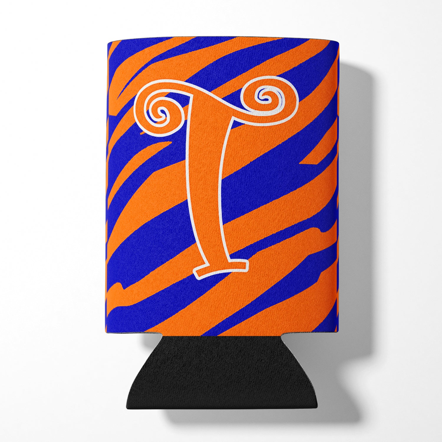 Letter T Initial Monogram - Tiger Stripe Blue and Orange Can Beverage Insulator Hugger.