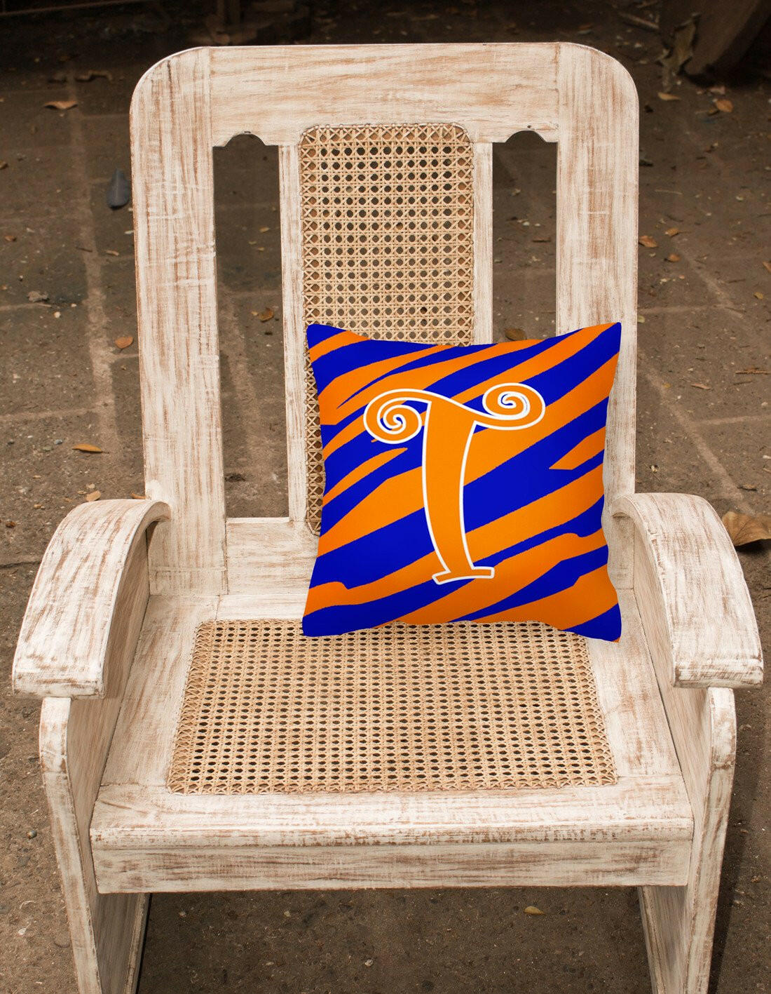 Monogram Initial T Tiger Stripe Blue and Orange Decorative Canvas Fabric Pillow - the-store.com