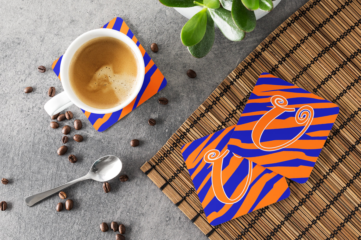 Set of 4 Monogram - Tiger Stripe Blue and Orange Foam Coasters Initial Letter U - the-store.com