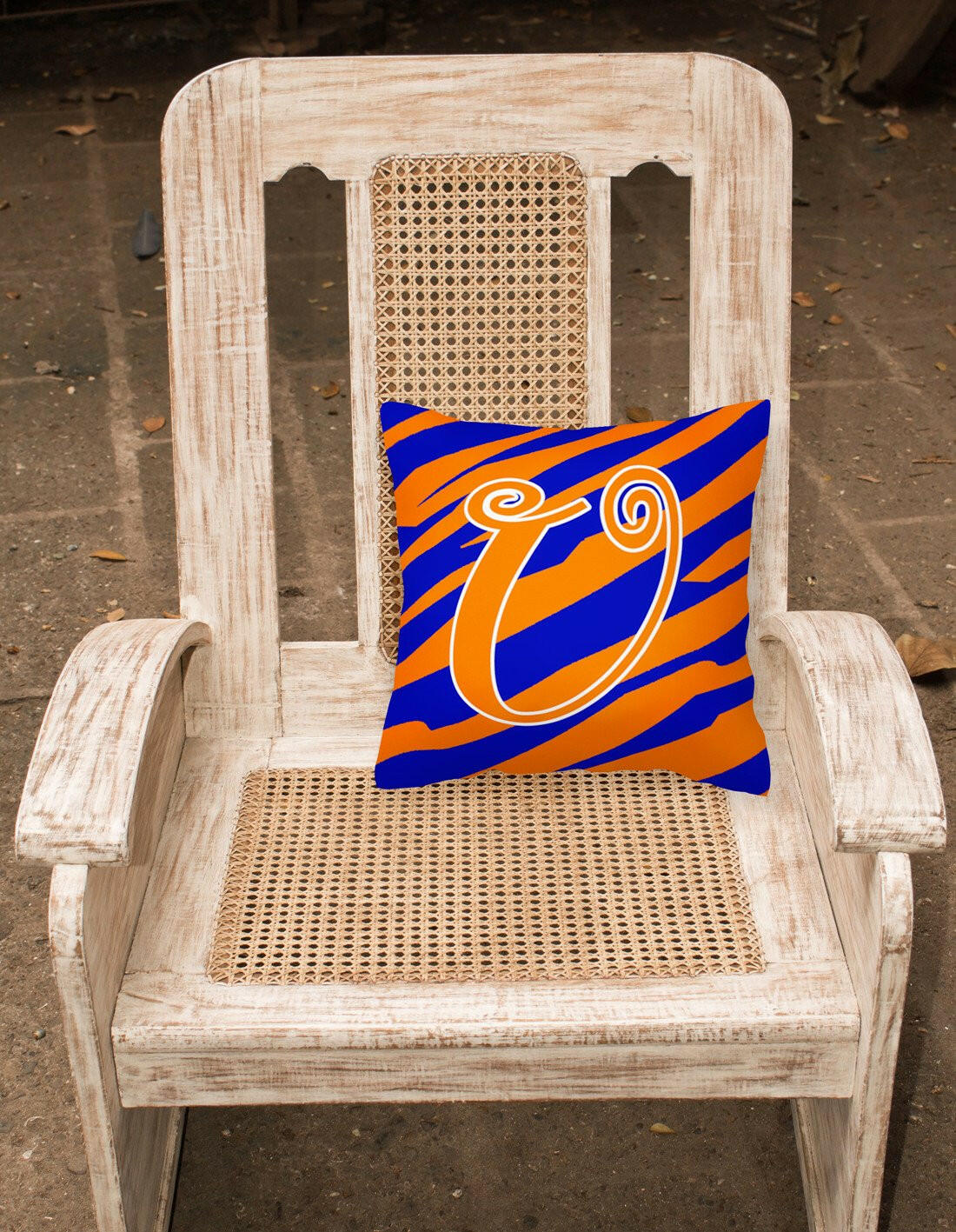 Monogram Initial U Tiger Stripe Blue and Orange Decorative Canvas Fabric Pillow - the-store.com