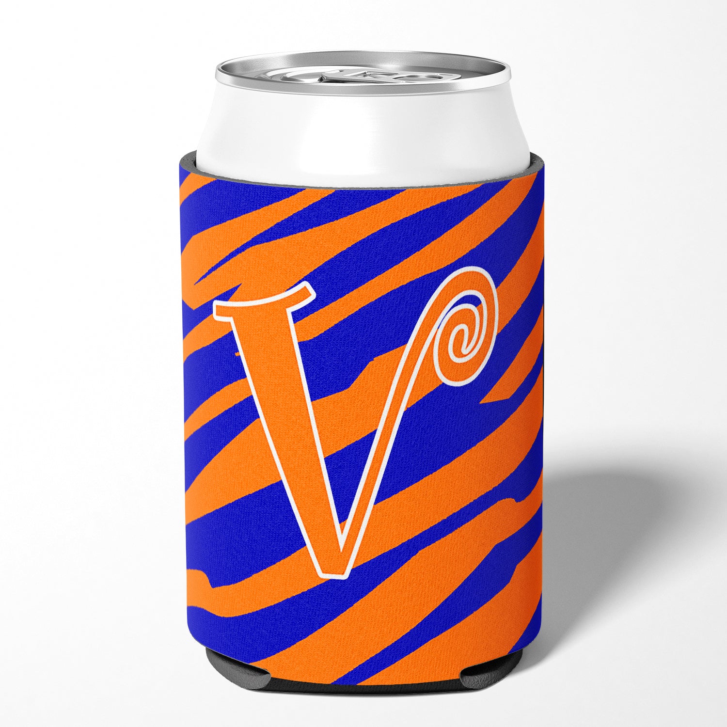 Letter V Initial Monogram - Tiger Stripe Blue and Orange Can Beverage Insulator Hugger.