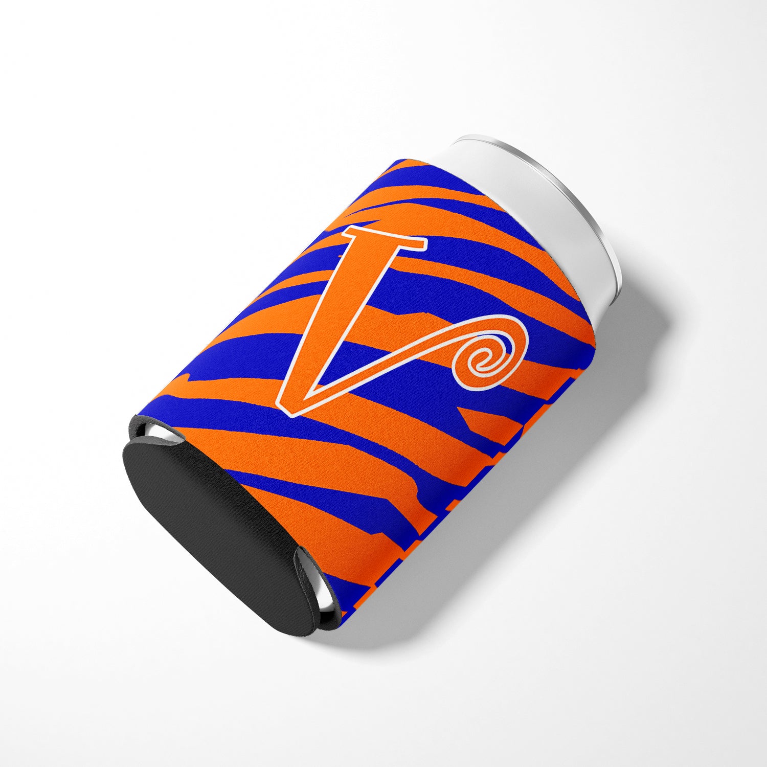 Letter V Initial Monogram - Tiger Stripe Blue and Orange Can Beverage Insulator Hugger.