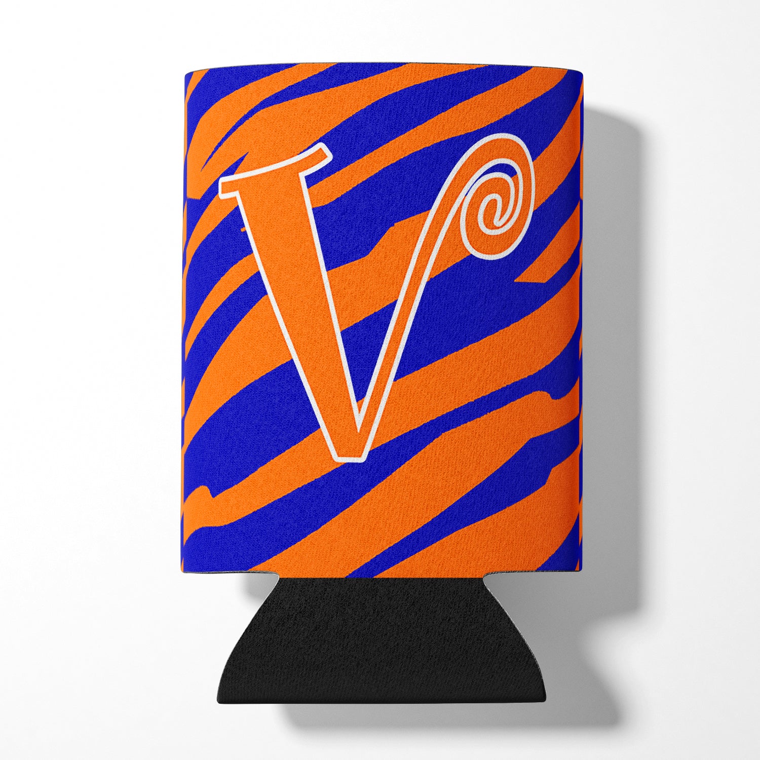 Letter V Initial Monogram - Tiger Stripe Blue and Orange Can Beverage Insulator Hugger.