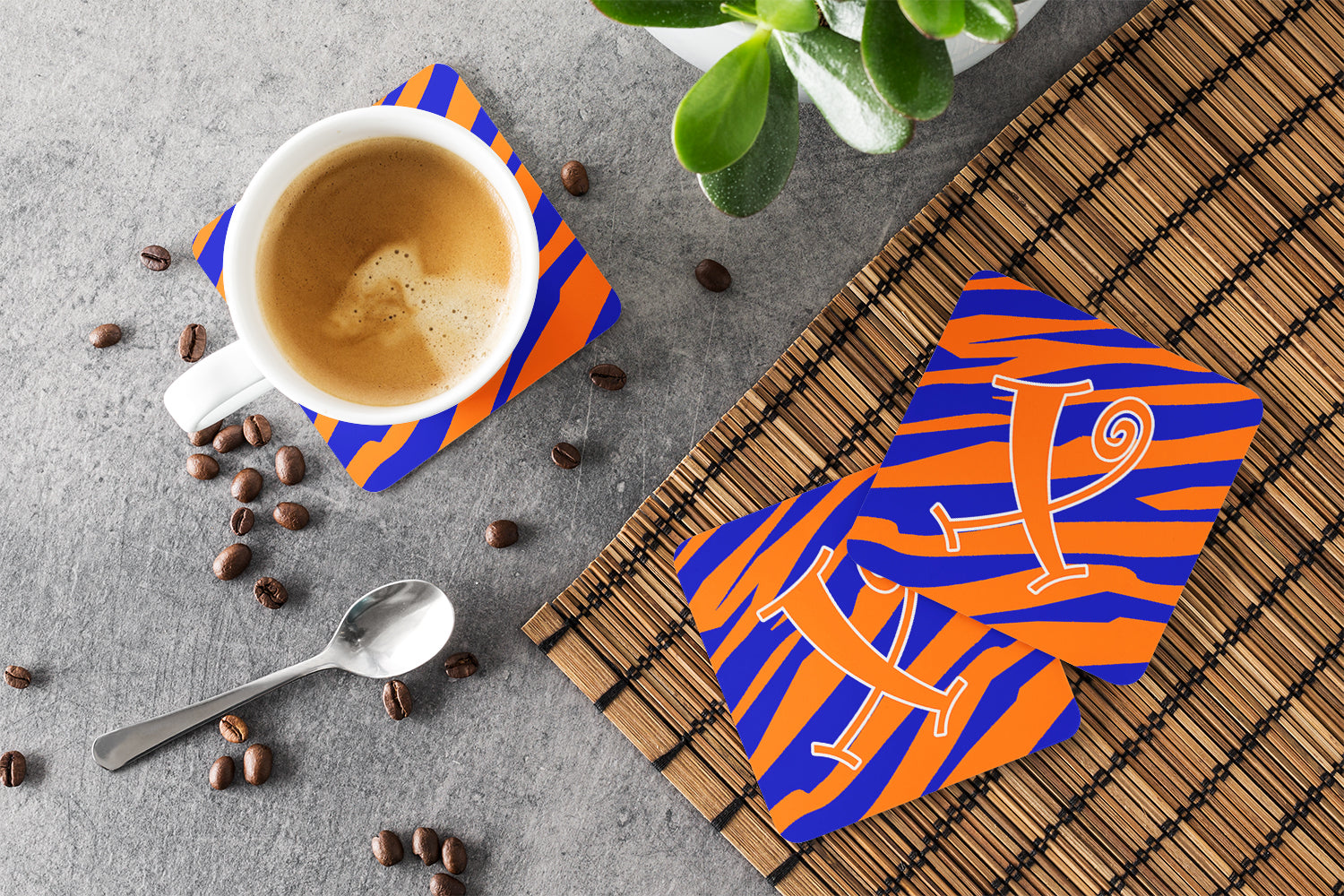 Set of 4 Monogram - Tiger Stripe Blue and Orange Foam Coasters Initial Letter X - the-store.com