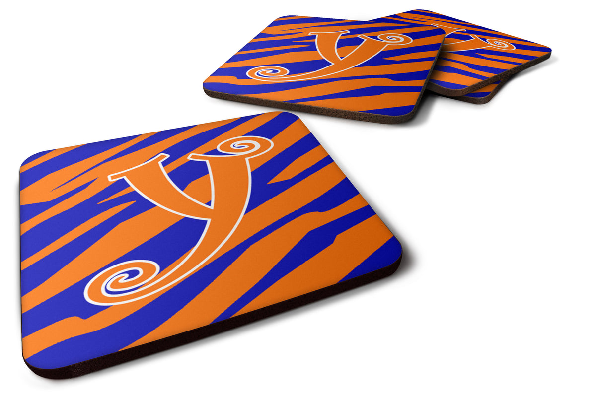 Set of 4 Monogram - Tiger Stripe Blue and Orange Foam Coasters Initial Letter Y - the-store.com