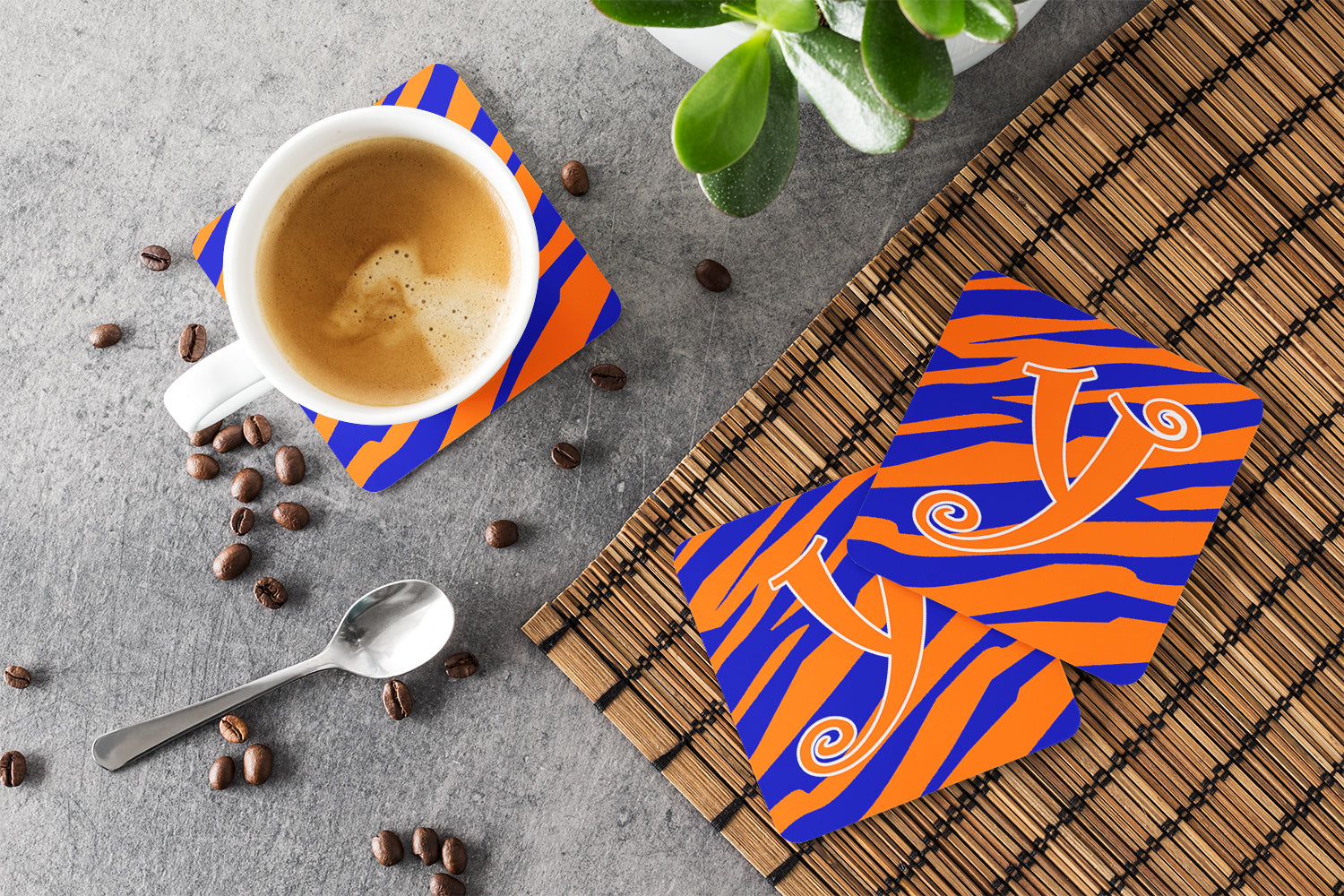 Set of 4 Monogram - Tiger Stripe Blue and Orange Foam Coasters Initial Letter Y - the-store.com