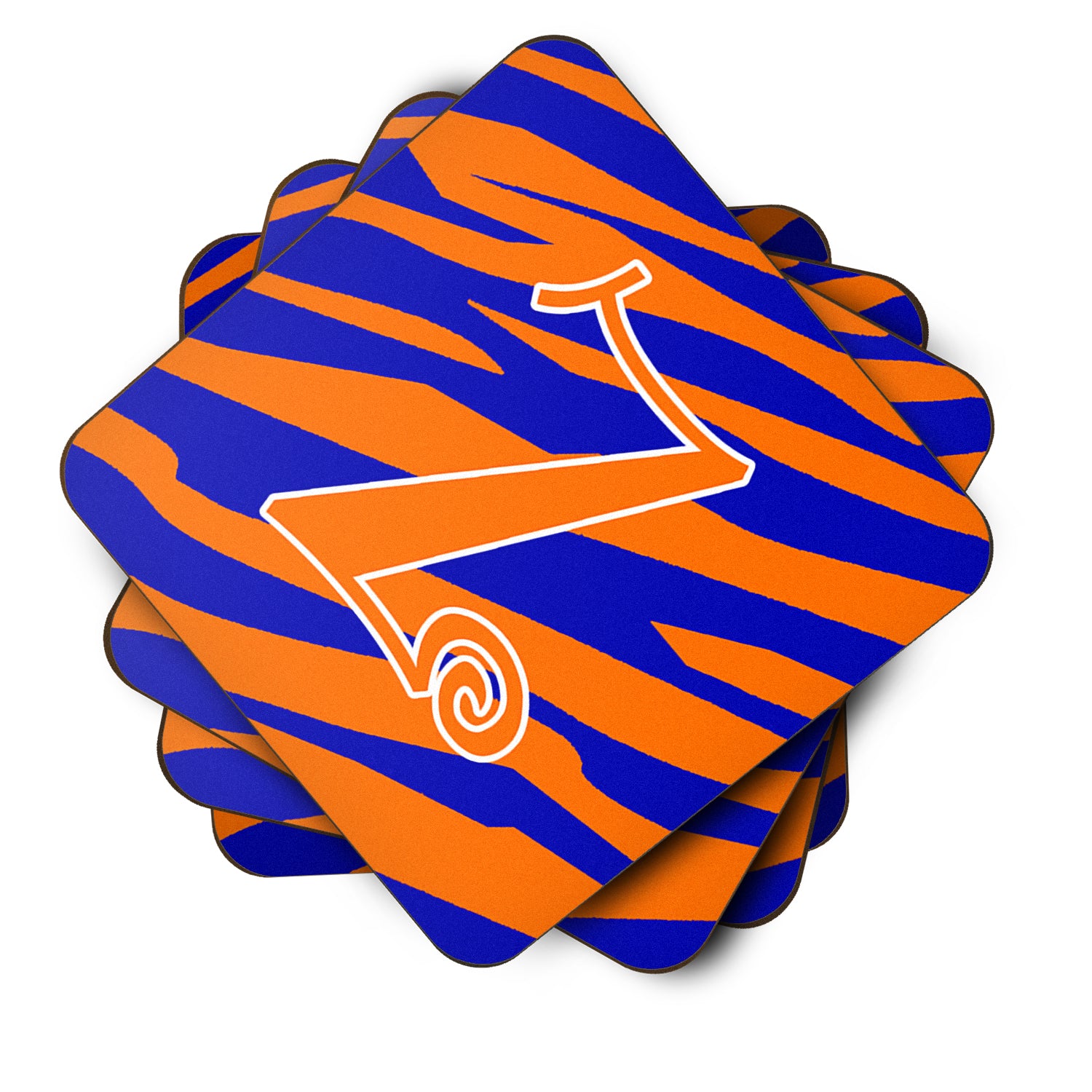 Set of 4 Monogram - Tiger Stripe Blue and Orange Foam Coasters Initial Letter Z - the-store.com