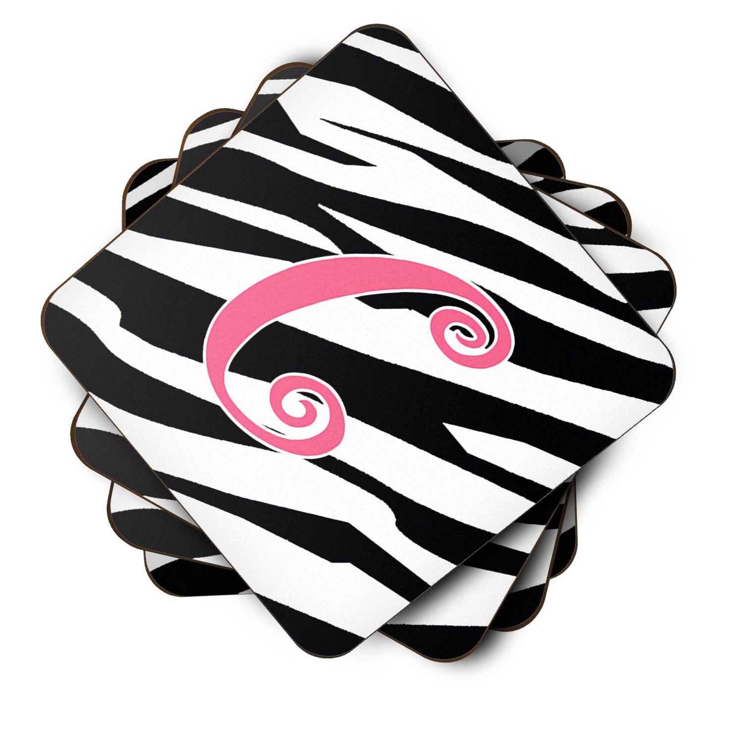 Set of 4 Monogram - Zebra Stripe and Pink Foam Coasters Initial Letter C - the-store.com