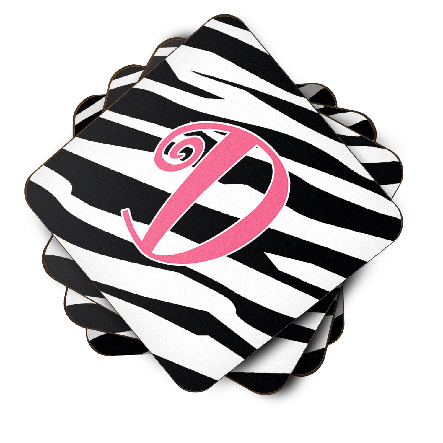 Set of 4 Monogram - Zebra Stripe and Pink Foam Coasters Initial Letter D - the-store.com