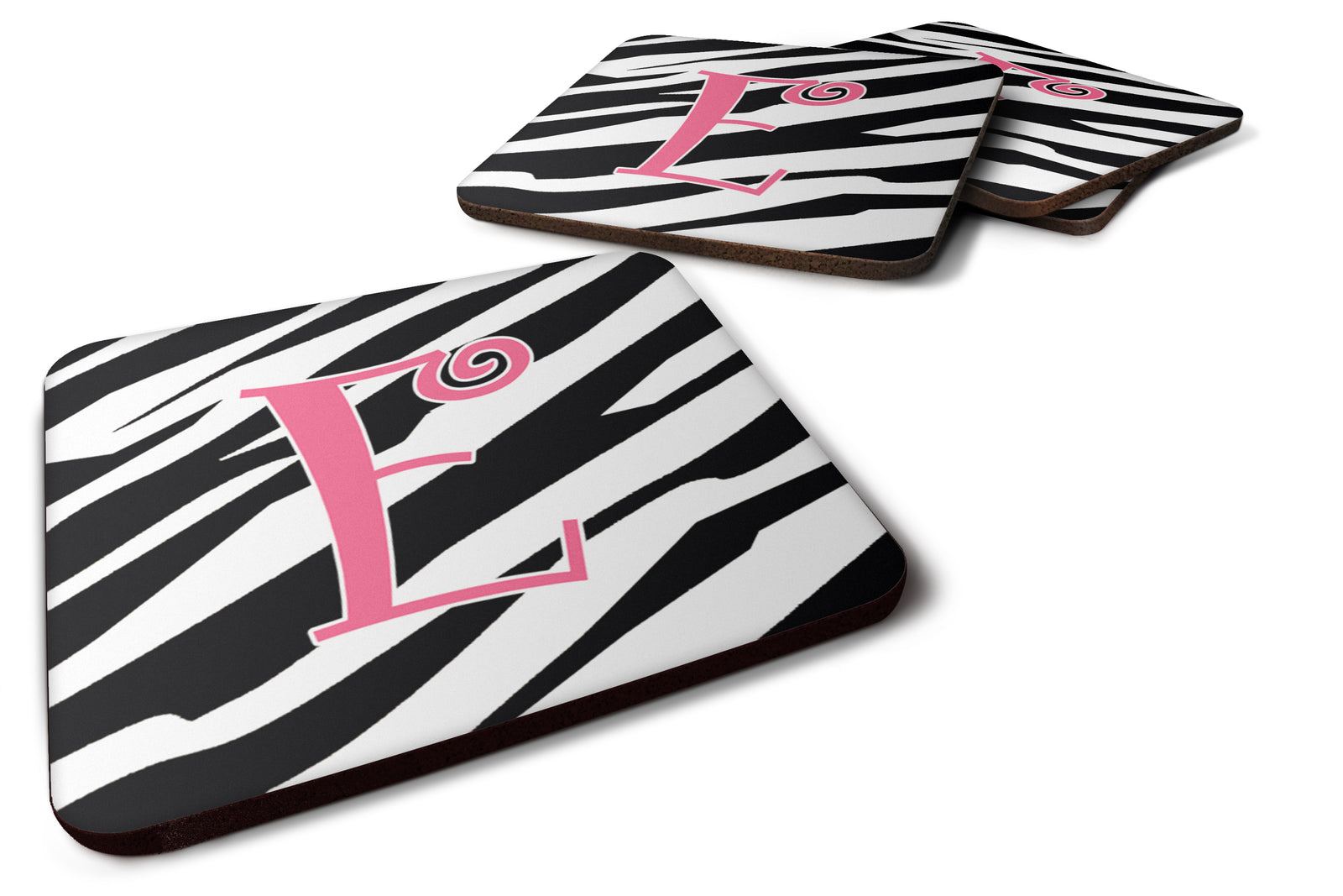 Set of 4 Monogram - Zebra Stripe and Pink Foam Coasters Initial Letter E - the-store.com