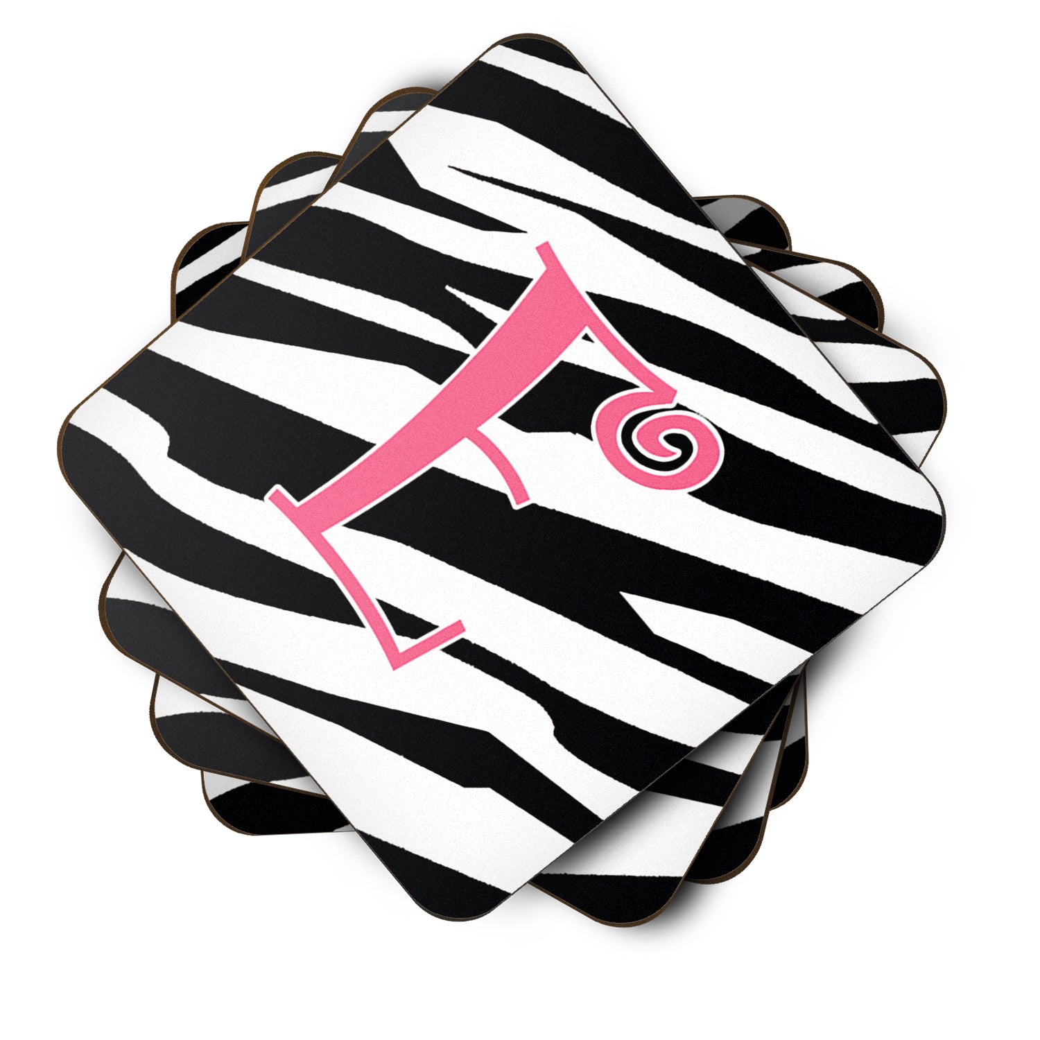 Set of 4 Monogram - Zebra Stripe and Pink Foam Coasters Initial Letter E - the-store.com